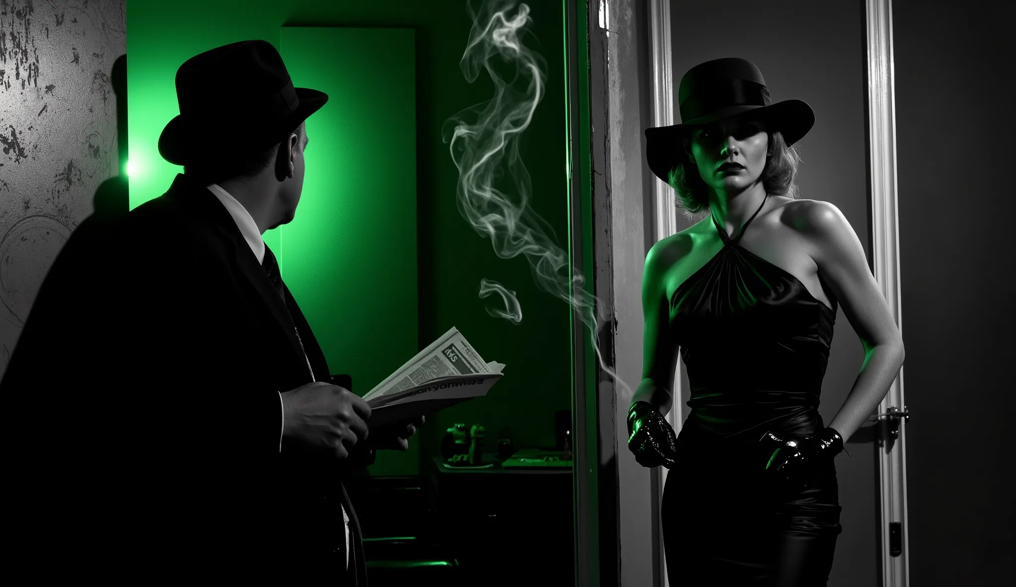 "An ultra-realistic scene IN BLACK AND WHITE a detective office, anos 40, estilo noir. A stunning and mysterious woman, entra pela porta. She wears a tight black satin dress, long gloves and a veiled hat, exuding fatal glamor. The light of the green lamp h...
