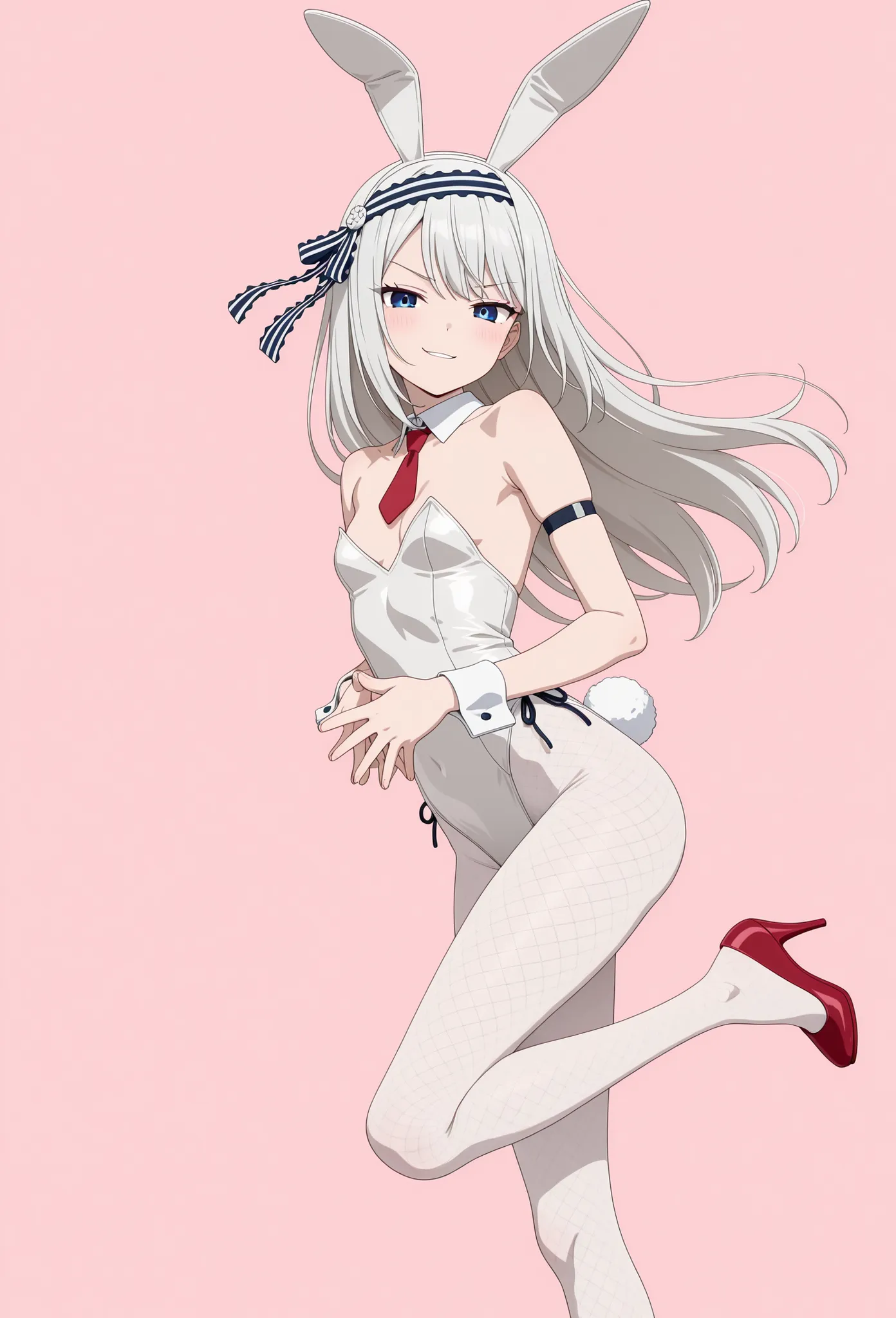 anime screencap, masterpiece, best quality, pastel colors, 

1girl,  tiny breasts, 
long hair, grey hair, blue eyes,  striped hairband, hair ribbon, striped ribbon,
BREAK (curvy), white leotard, rabbit ears, rabbit tail, white fishnet pantyhose, red footwe...