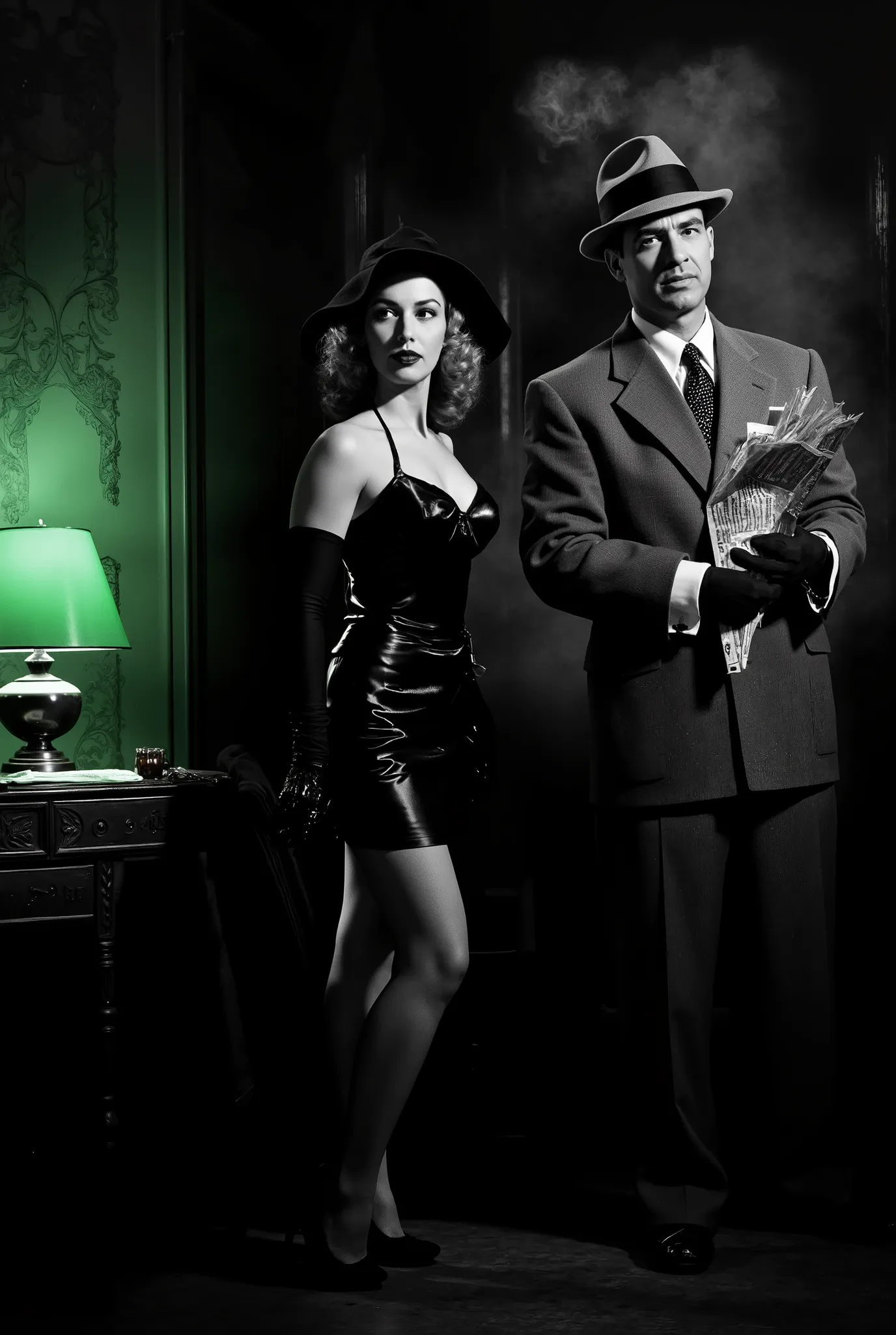"An ultra-realistic scene IN BLACK AND WHITE a detective office, anos 40, estilo noir. A stunning and mysterious woman, entra pela porta. She wears a tight black satin dress, long gloves and a veiled hat, exuding fatal glamor. The light of the green lamp h...