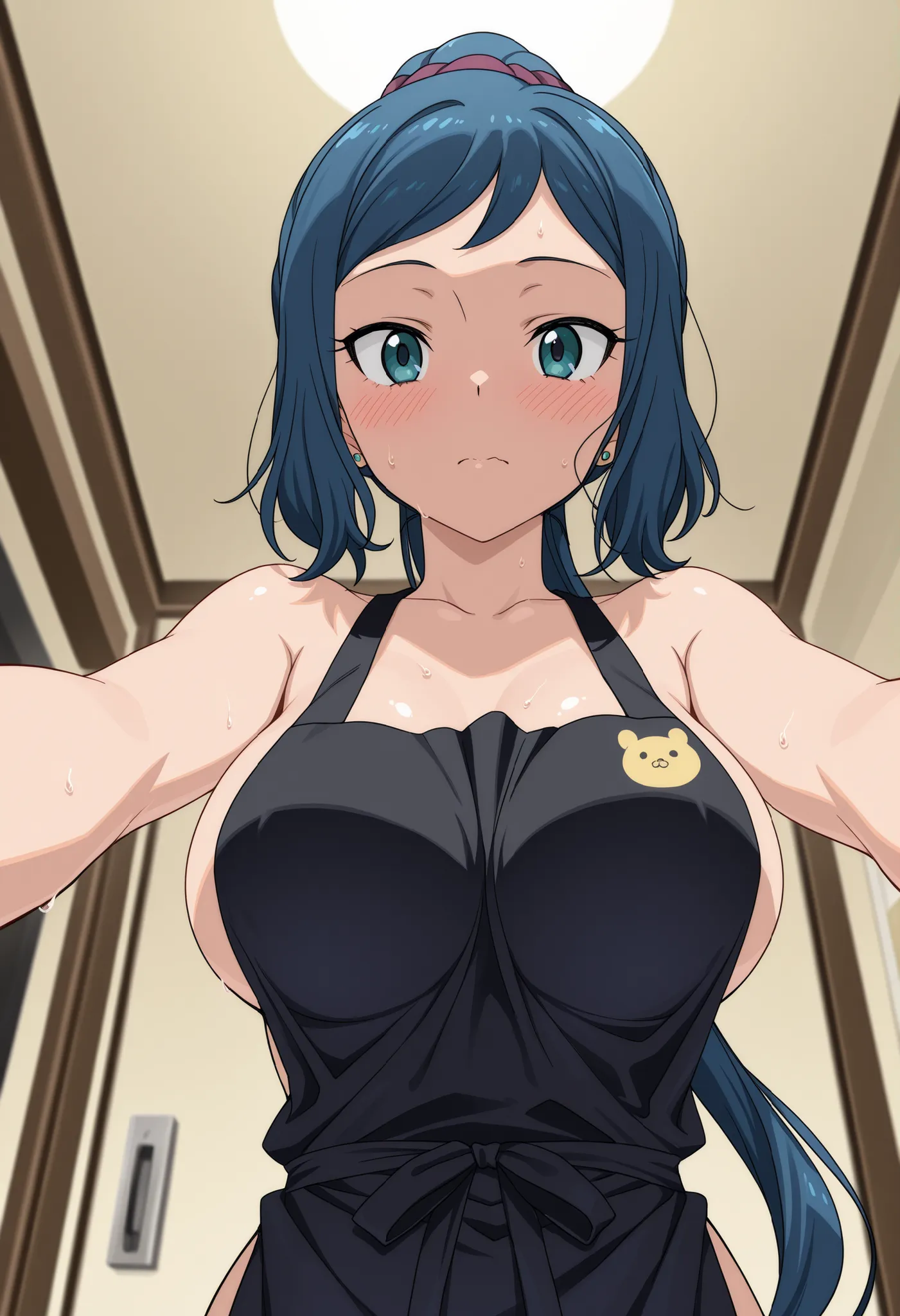 masterpiece, 最high quality, amazing quality from bottom left diagonally, anime screen cap, 
Iori Rinko ,  Iori Rinko, blue hair, Blue Eyes, Side lock,
Apron, Long Hair, ponytail, sleeveless, very Long Hair, Big breasts,
line of movement、anime coloring、1 fr...