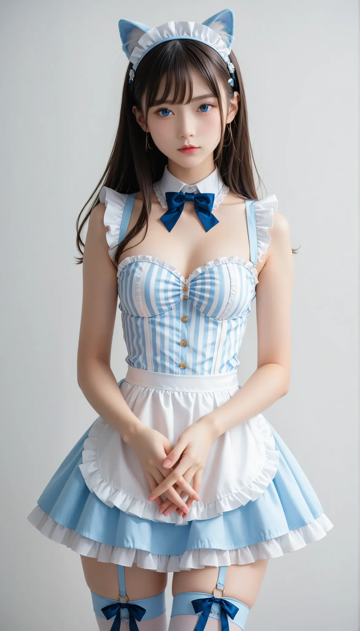Photo of a woman in an attractive pose adorn the cover of a specialty magazine , wear an exquisitely designed costume : gold line accented、cobalt blue and white two-tone dirndl, Layered、(Beautiful Breasts), cobalt blue multi-layer tiered apron with frill...