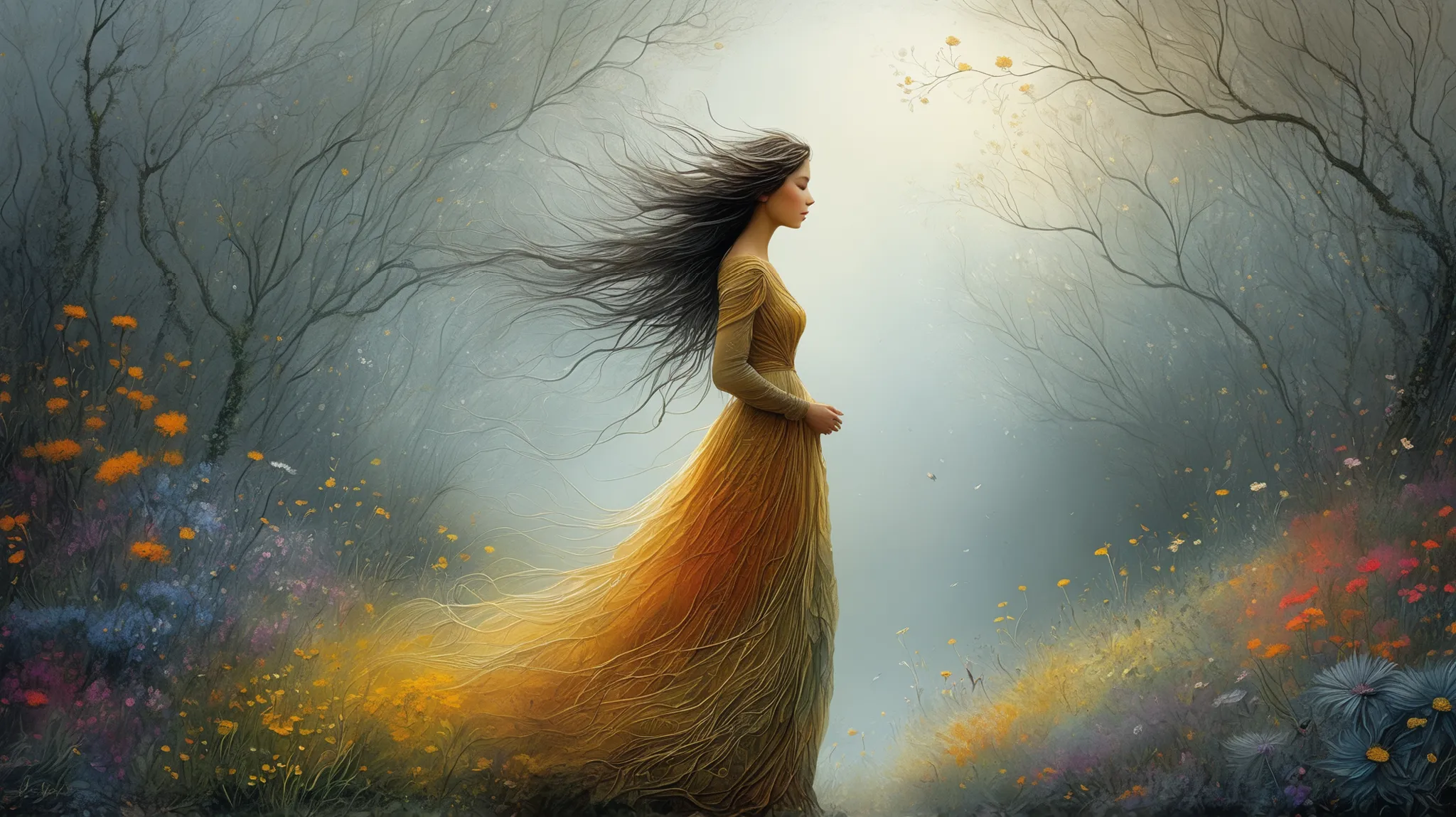 A woman with an elegant, flowing dress, intricately woven with vines and blossoming wildflowers , personifies the essence of nature , when petals and leaves emerge organically from your skin , cabelo, e roupas. She is serenely amidst a mystical , lumin...