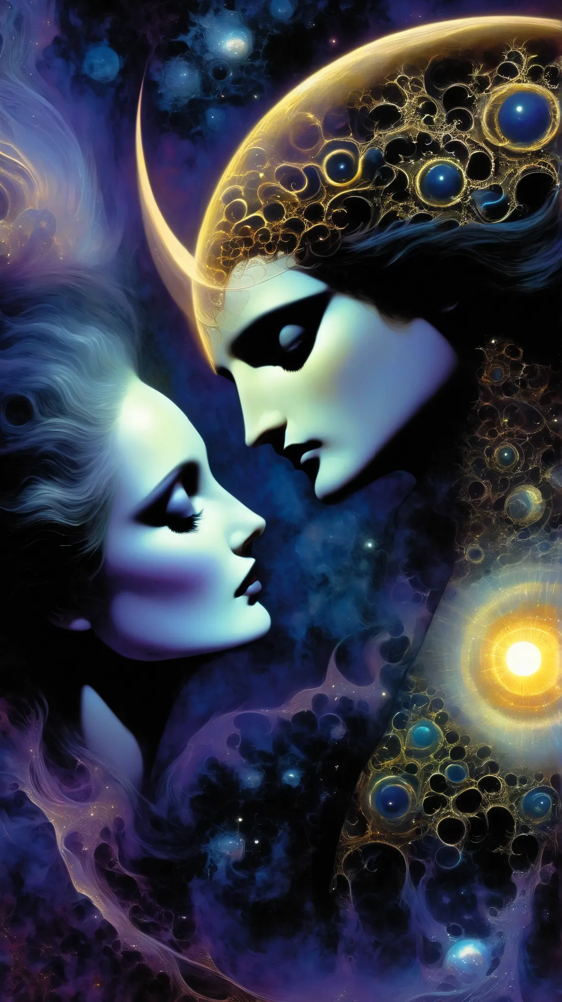 the famous love affair between Goddess of the moon Selene and mortal man Endymion, fractal art, (art inspired by Bill Sienkiewicz). oil painting)
