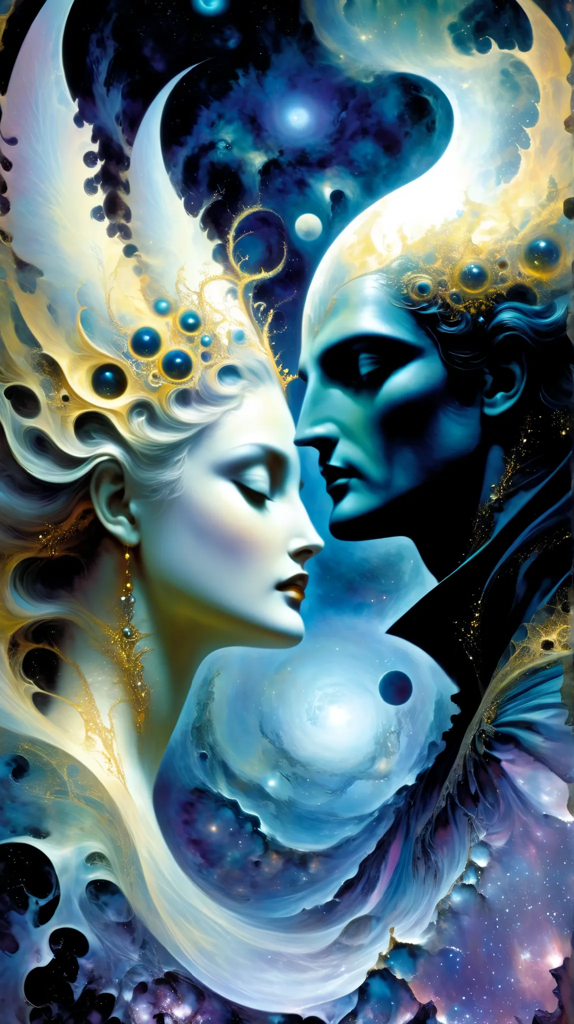 the famous love affair between Goddess of the moon Selene and mortal man Endymion, fractal art, (art inspired by Bill Sienkiewicz). oil painting)