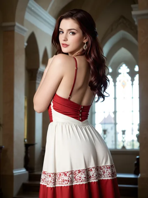 (((masterpiece, highest quality, highest image quality, high resolution, Raw photo, 8K)), ((extremely detailed CG unified 8k wallpaper)) A photorealistic image of a woman stands in a palace bedroom, showcasing an elegant style. She is wearing a form-fitti...