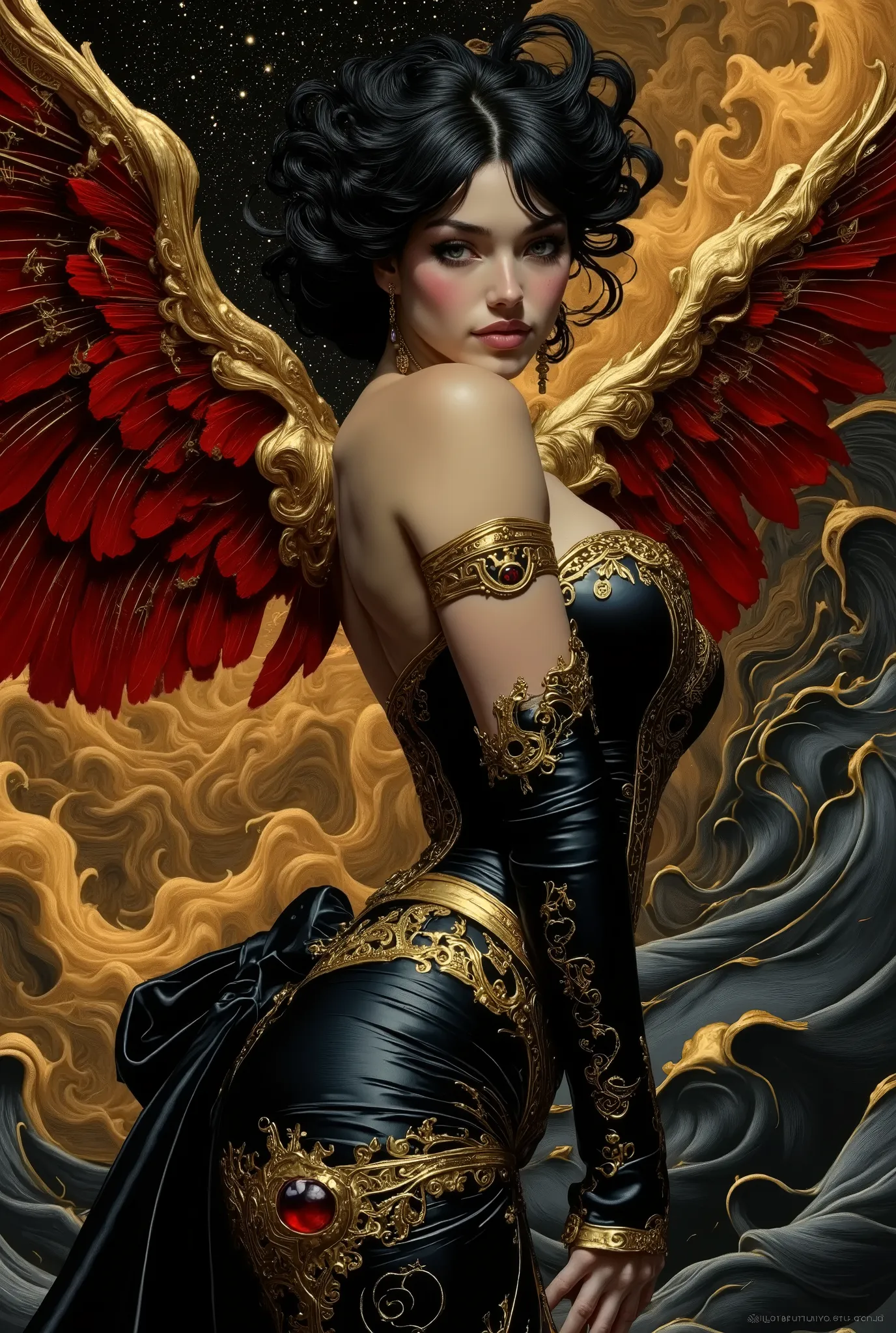   Dreamlike world 
deep shadows
cinematic darkness
underexposed
chiaroscuro
atmospheric haze
low-key lighting. We find a captivating , caramel skinned goddess looking ravishing and earthy with a statuesque and curvy physique, adorned in a black corset dres...