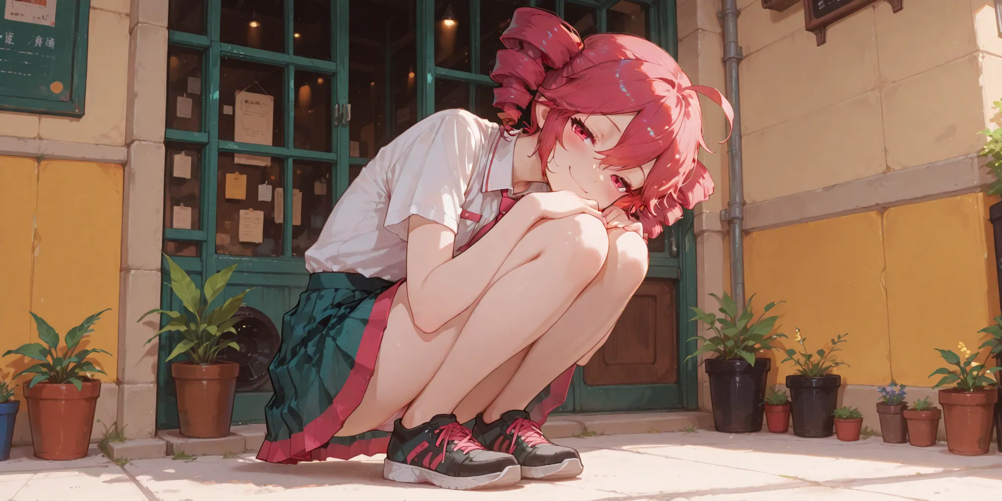 absurdres, high quality, , masterpiece, best quality, very aesthetic, amazing quality, 1girl, karasuchan, kasane teto, shirt, shirt, skirt, squatting, shoes, smug, panties