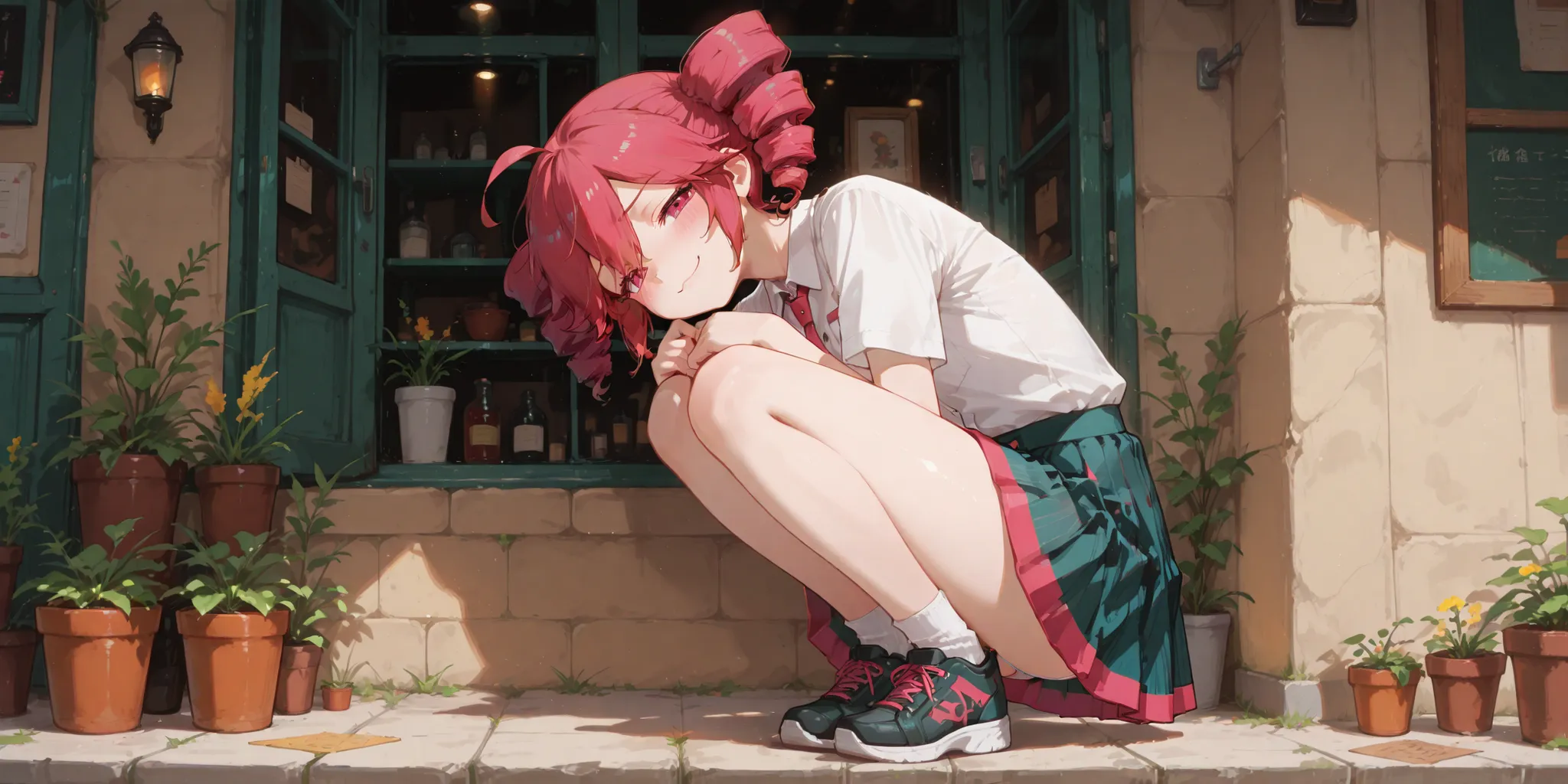 absurdres, high quality, , masterpiece, best quality, very aesthetic, amazing quality, 1girl, karasuchan, kasane teto, shirt, shirt, skirt, squatting, shoes, smug, panties