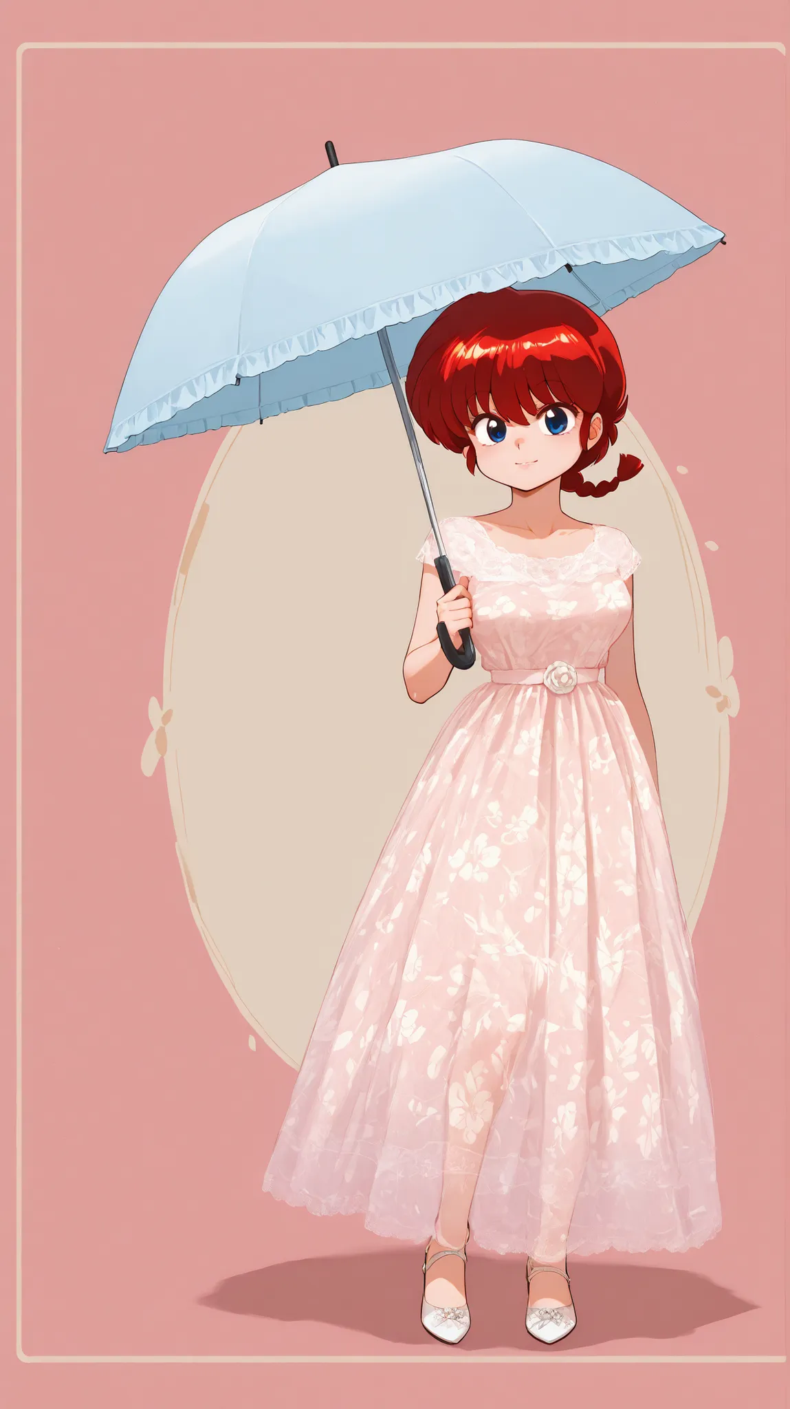 Ranma Saotome, Wearing a short floral lace dress I hope it fits. estilo bem feminino, rosto corado. from under an umbrella. With an evening mood. Background of the image is a public square