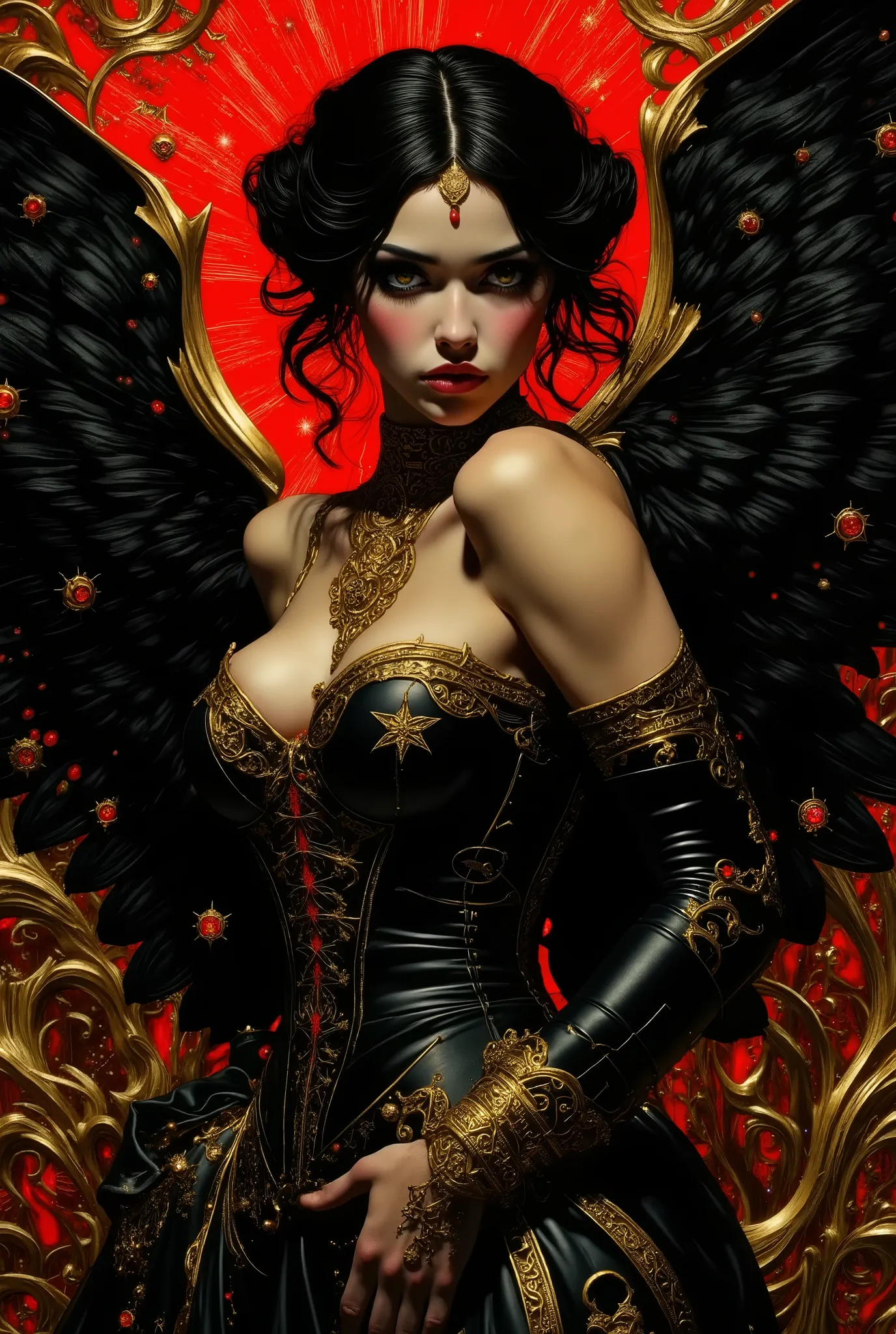   Dreamlike world 
deep shadows
cinematic darkness
underexposed
chiaroscuro
atmospheric haze
low-key lighting. We find a captivating , brown skinned goddess looking ravishing and earthy with a statuesque and curvy physique, adorned in a black corset dress ...