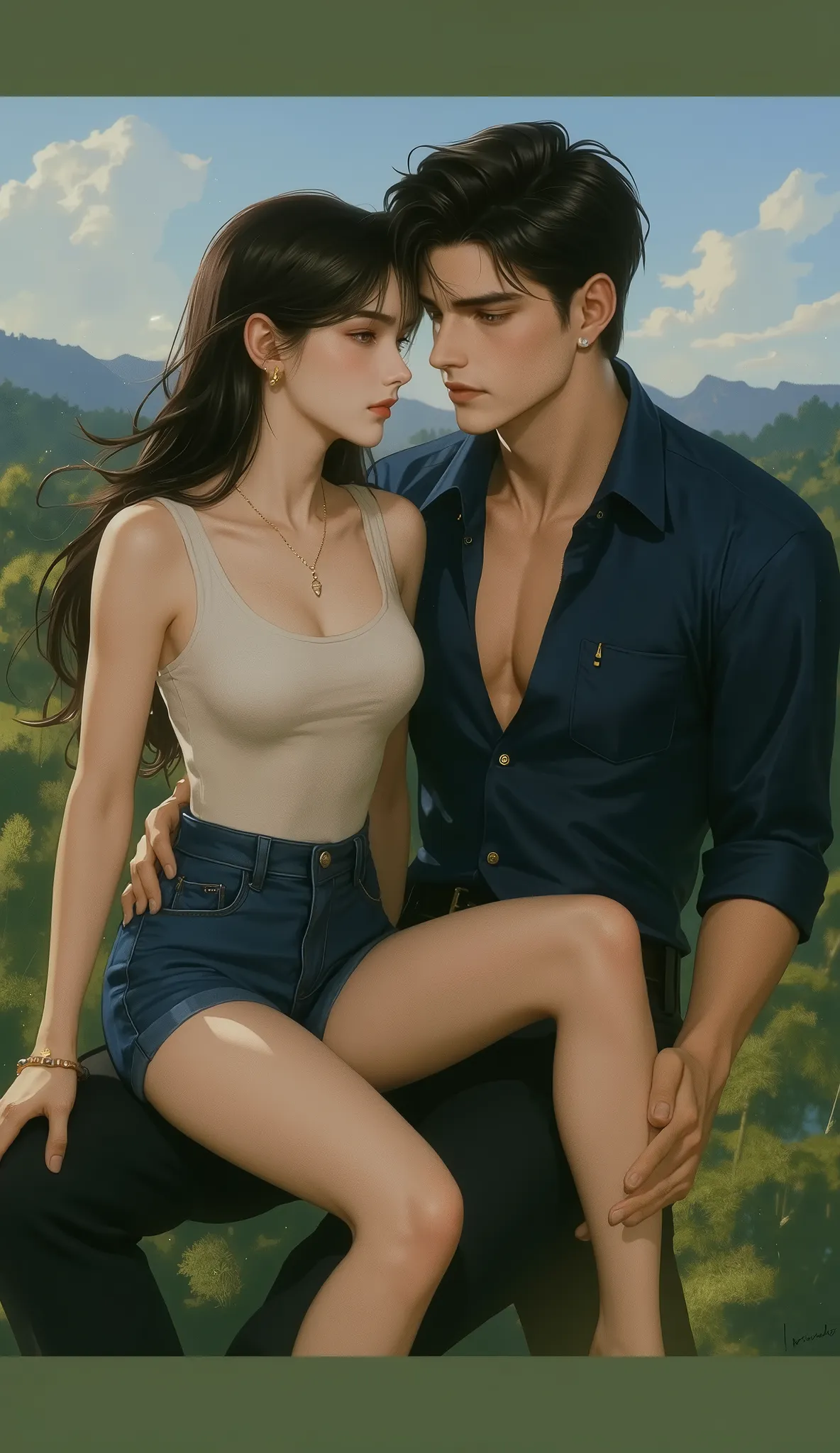 The background is trees and mountains.. ,, a young woman wearing a white tank top,shorts, , a cool guy,Wearing a gardener's outfit'A set of