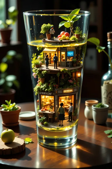 Another world in a glass,a miniature world in a glass, "Miniature two-story shop beautifully displayed atop a living room table, blending seamlessly into a cozy home setting. The tiny storefronts—an inviting café, a lush florist, and a charming general st...