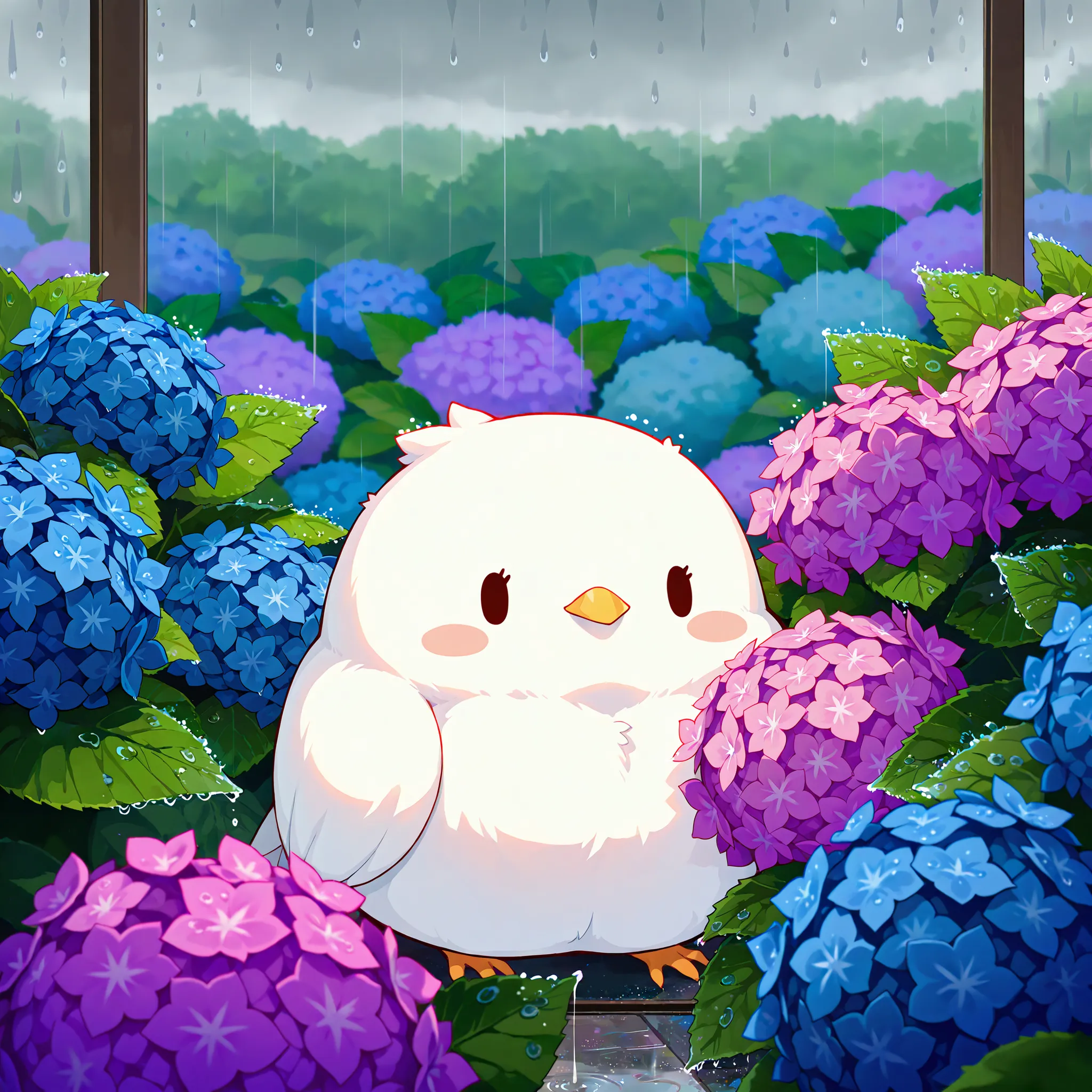 Masterpiece,Best quality, ultra detailed,Japanese Anime style, (pure white sparrow mascot) , round body, fluffy body,simple face, cute appearance,(Peeking out from inside the hydrangea flower, Hiding inside the hydrangea flower), Rain, Outdoors, Hydrangea ...