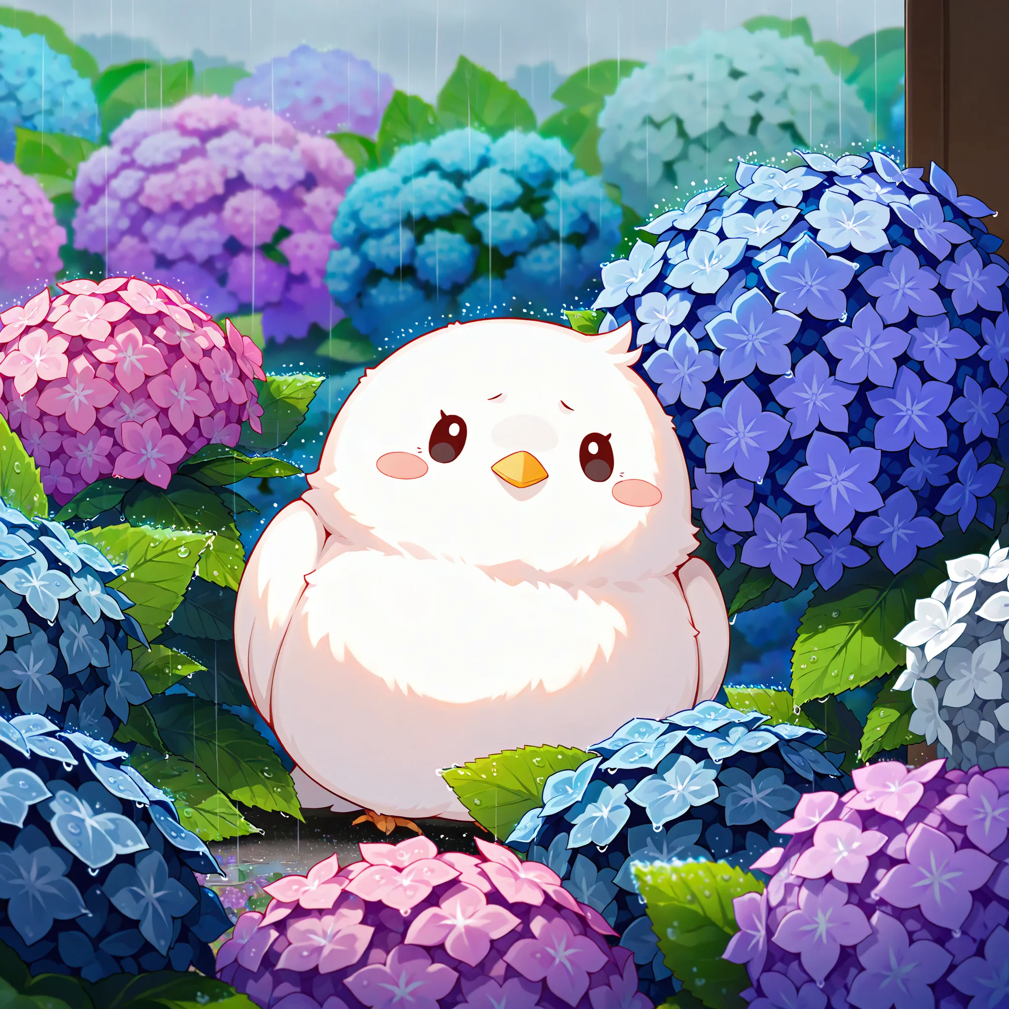 Masterpiece,Best quality, ultra detailed,Japanese Anime style, (pure white sparrow mascot) , round body, fluffy body,simple face, cute appearance,(Peeking out from inside the hydrangea flower, Hiding inside the hydrangea flower), Rain, Outdoors, Hydrangea ...