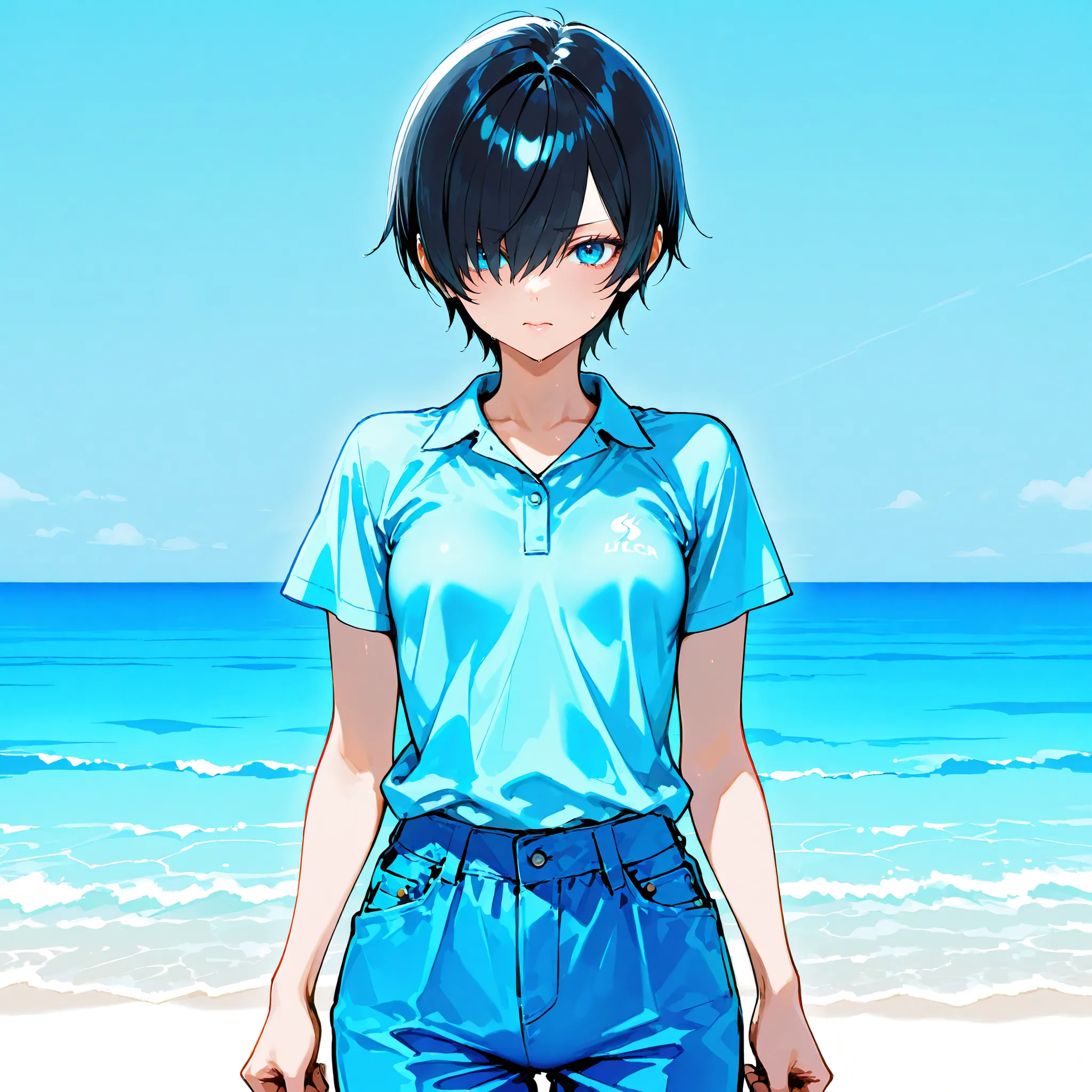 (((best quality))), ((ultra-detailed)), (illustration), ((an extremely delicate and beautiful)),(background:Summer park with ocean view),1 woman,solo, (Very short ), (flat breasts), (A look of determination)(Mouth open),(gleaming skin),(Light blue polo shi...