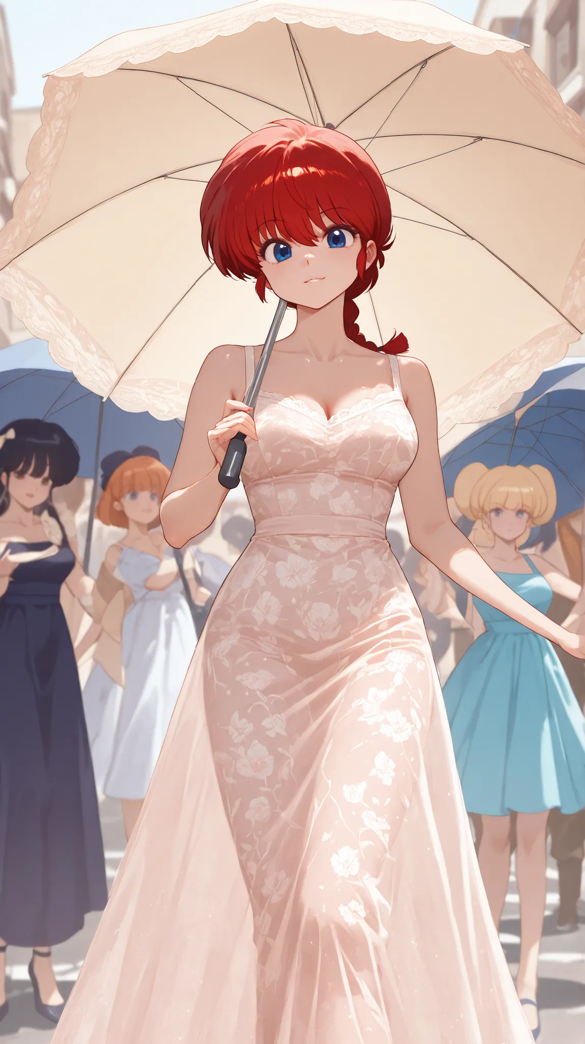 Ranma Saotome, wearing a short floral lace dress in the style of Tomara que Caia. estilo bem feminino, rosto corado. from under an umbrella. With an evening mood. in the middle of a busy street.