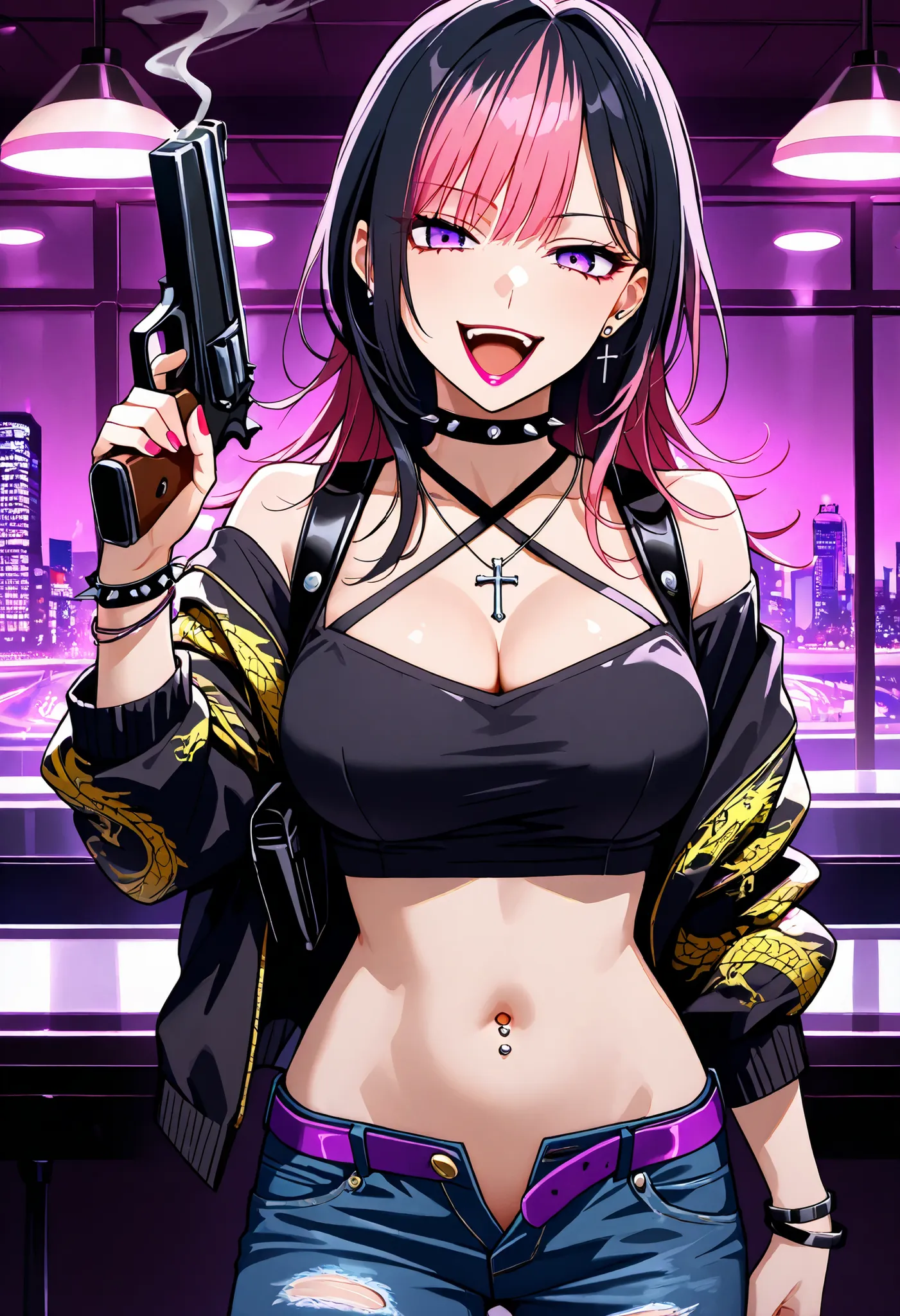 score_9,score_8_up,score_7_up,score_9,4k,HD,8k,highres,antialiasing,detailed,texture,lineart,full color,cinematic lighting BREAK kirara hoshi,1girl,solo,looking at viewer,,kirara hoshi,1girl,solo,looking at viewer,shirt,black hair,pink hair,purple belt,mul...