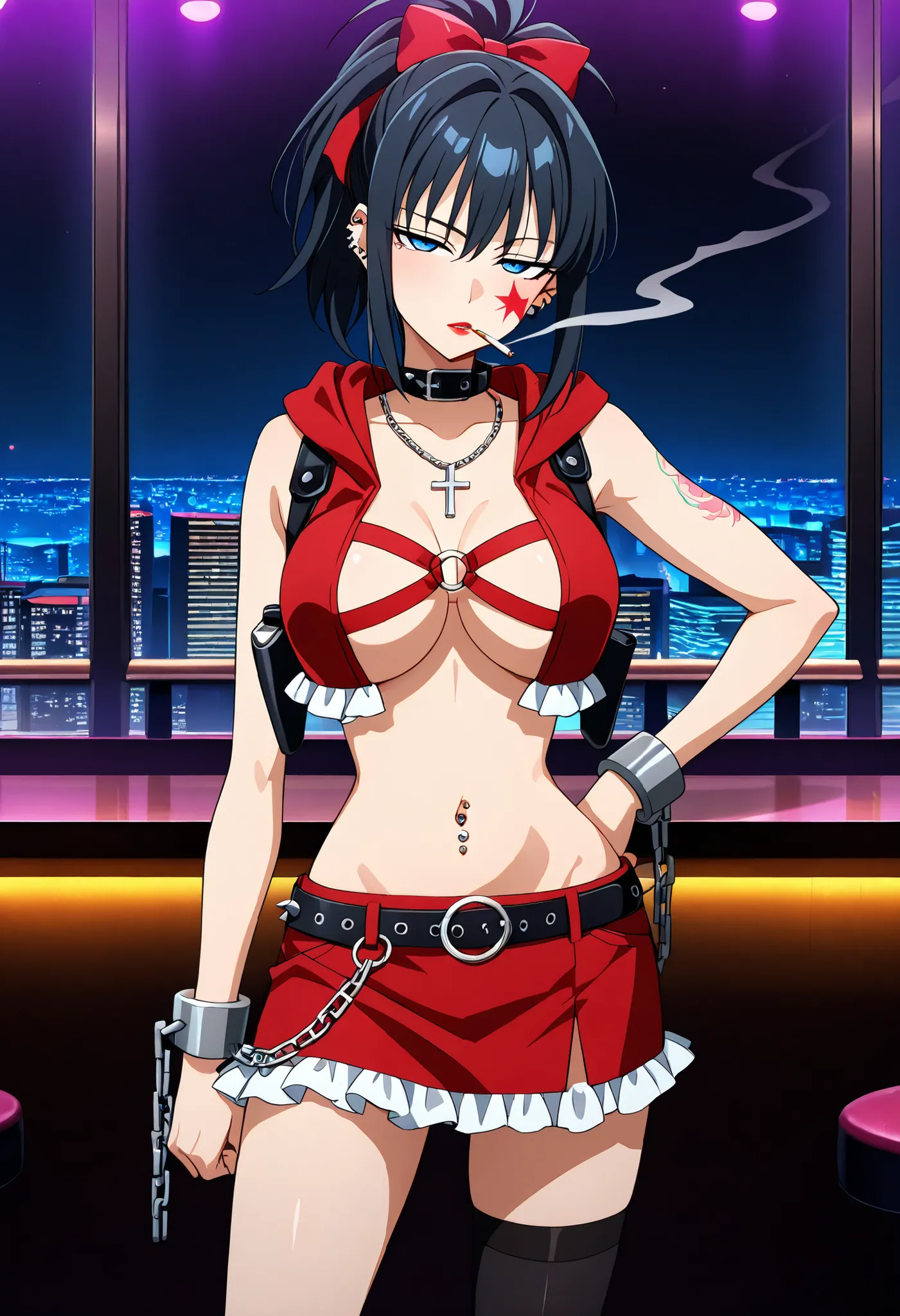 black hair, blue eyes, medium hair, sidelocks, ponytail, hair bow, star \(symbol\), facial mark, revealing clothes, vest, hood, frills, miniskirt, belt, o-ring, shackles, chain, wire, Asymmetrical Legwear, anime screencap,collar spikes, ear piercing, long ...