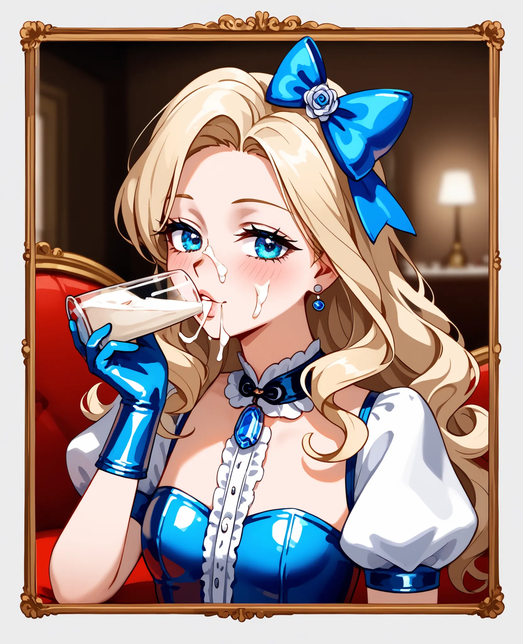 Photo from the waist up, Sexy girl dressed head to toe in blue latex with white accents, latex gloves, high neckline latex dress, embellished bodice dress made of latex, frilly latex dicky down the center of the chest, completely covered chest, Victorian m...