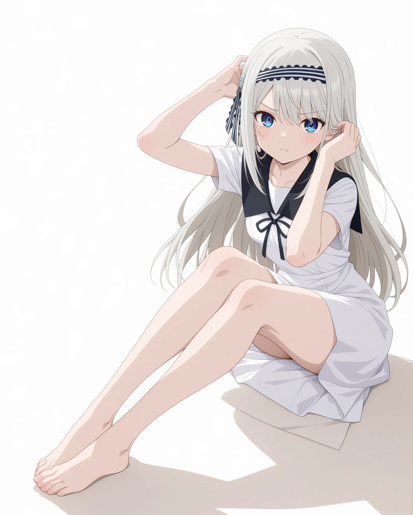 anime screencap, masterpiece, best quality, pastel colors,
1girl, solo, tiny breasts,
looking at viewer, thick thighs, long hair, grey hair, blue eyes, striped hairband, hair ribbon, striped ribbon, black sailor collar, short dress, white dress, neck r...