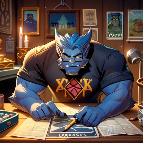 Beast prepares to be the dungeon master of a dungeons and dragons board game.  Setting up a board game with heroic figurines, elves, dwarves, fantasy warriors, wizards, and buildings and monster game pieces.  Night time scene, adventure posters on walls, s...