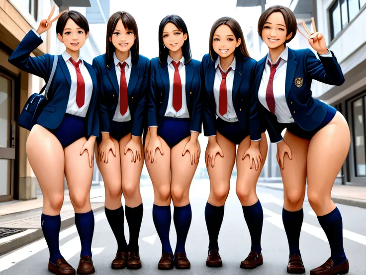 masterpiece,best quality,amazing quality,absurdres, morning, outdoors, street, from below, group of japanese schoolgirls, seductive, leaning forward, looking down at viewer, ara-ara, smile, grin, long hair, short hair, very short hair, black hair, brown ha...