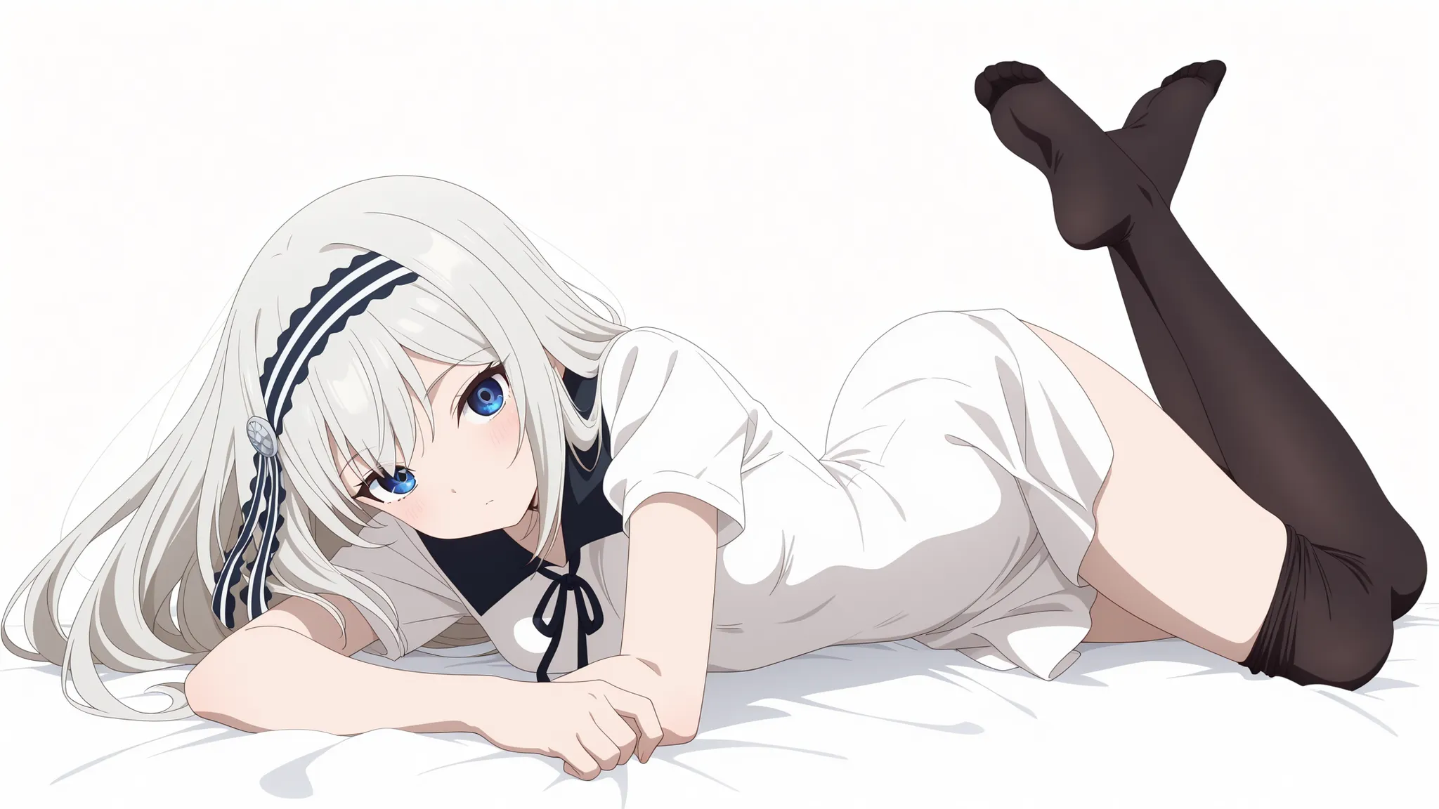 anime screencap, masterpiece, best quality, pastel colors,
1girl, solo, tiny breasts,
looking at viewer, thick thighs, long hair, grey hair, blue eyes, striped hairband, hair ribbon, striped ribbon, black sailor collar, short dress, white dress, neck r...