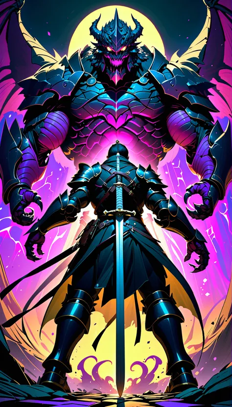 from below, A swordsman in armor prepares to a terrifyingly large monster., aesthetic, perspective, black light