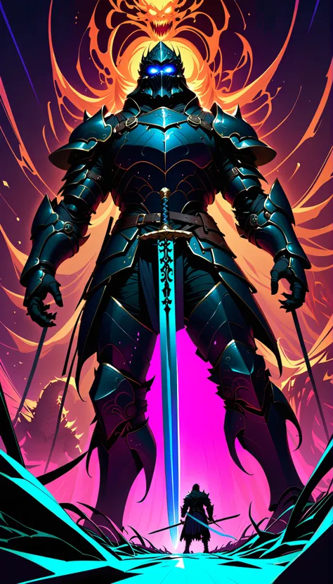 from below, A swordsman in armor prepares to a terrifyingly large monster., aesthetic, perspective, black light