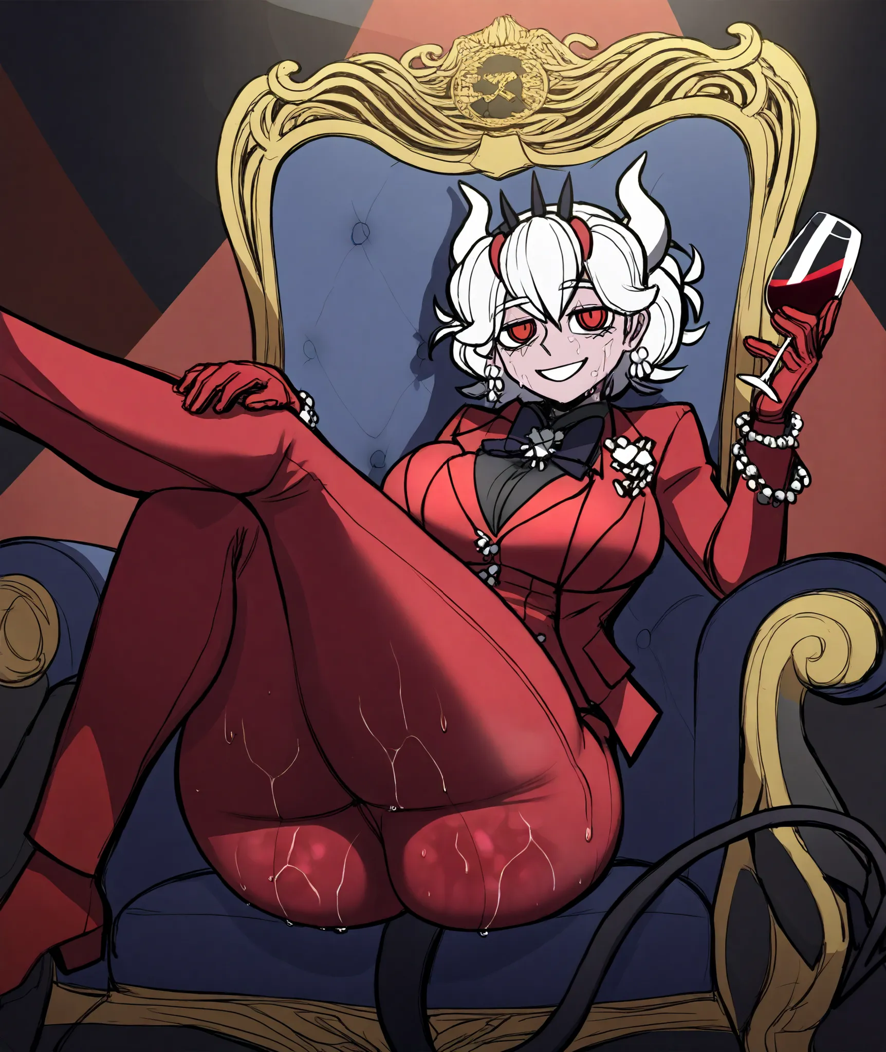 Beelzebub (Helltaker), has white hair and crimson irises with a cleft tail, white horns and what appear to be chitin spikes sticking out of his hair. Beelzebub wears an almost completely crimson outfit., beads with a black undershirt, A crimson vest , cri...