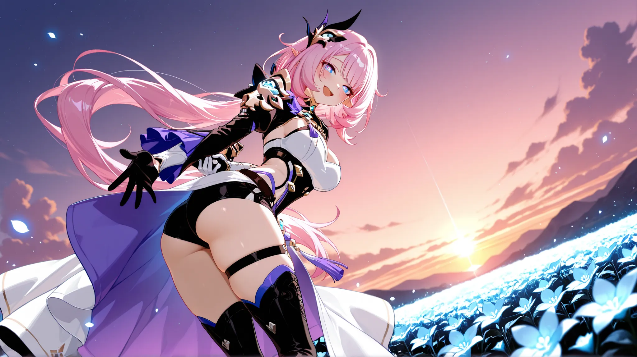 addmicrodetails, 1girl, pointy ears, long hair, pink hair, blue eyes, shrug (clothing), black shrug, cleavage, jewelry, purple trim, hair ornament, asymmetrical sleeves, black sleeves, single wide sleeve, single detached sleeve, single gauntlet, white gaun...