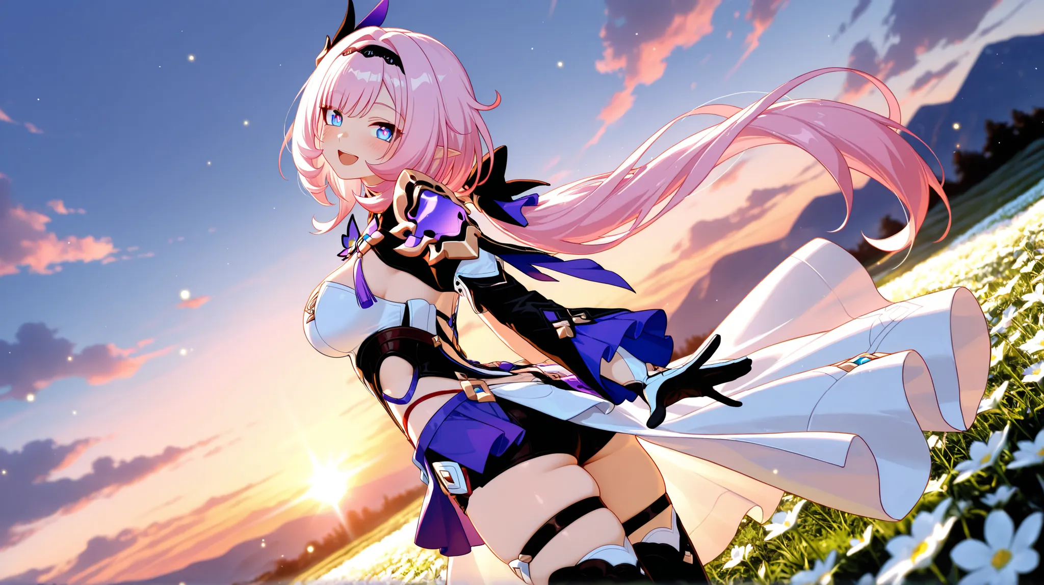 addmicrodetails, 1girl, pointy ears, long hair, pink hair, blue eyes, shrug (clothing), black shrug, cleavage, jewelry, purple trim, hair ornament, asymmetrical sleeves, black sleeves, single wide sleeve, single detached sleeve, single gauntlet, white gaun...