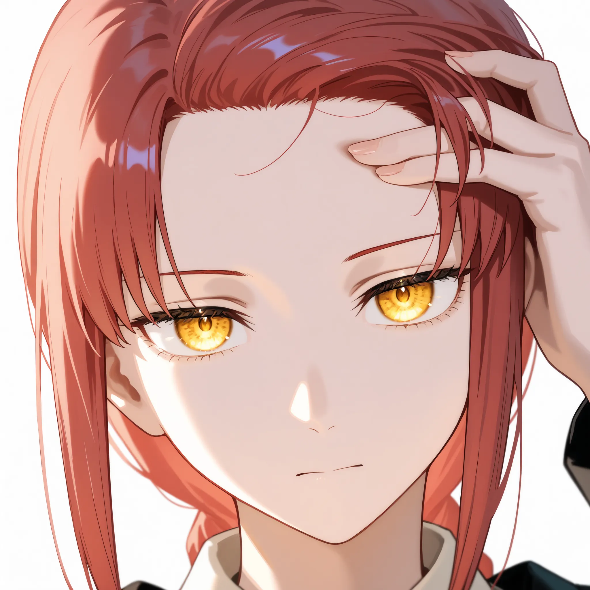 makima, close up, looking at viewer, attractive, beautiful, head tilt, serious expression, hand on hair, showing forehead, forehead