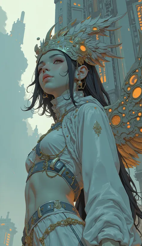 a close up of a statue of a woman with wings, The goddess.  extremely high detail , Super Detailedなファンタジーキャラクター, Beautiful and exquisite figure,  Female Vampire with Black Feathers ,  futuristic robot , with wings. Super Detailed, Hg Giger Flora Borsi, ext...