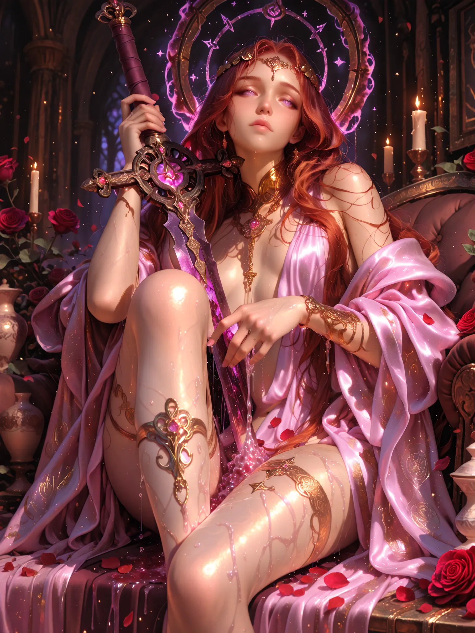 1 girl, Androgynous female demon noble. She is a duchess , seated gracefully. she embracing a sword placed between her legs, she pouring rose water on the sword . She has long, flowing auburn hair, porcelain skin, and wears a ducal crown adorned with sacre...