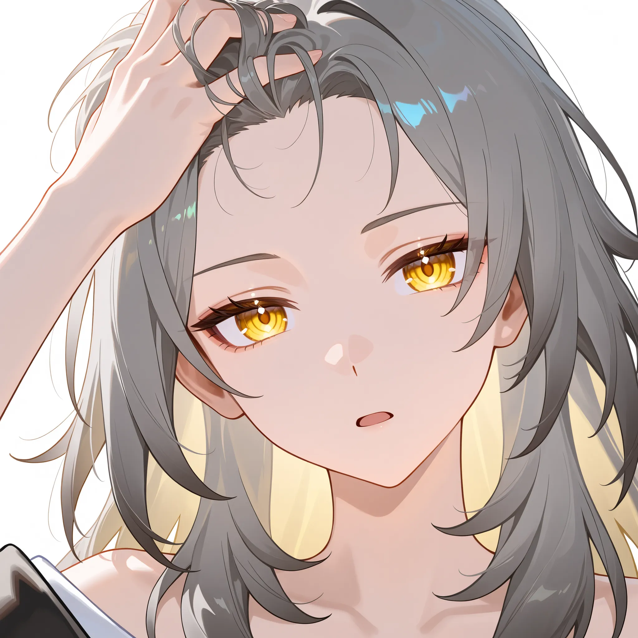 stelle honkai star rail, close up, looking at viewer, attractive, beautiful, head tilt, serious expression, open mouth, hand on hair, showing forehead, forehead