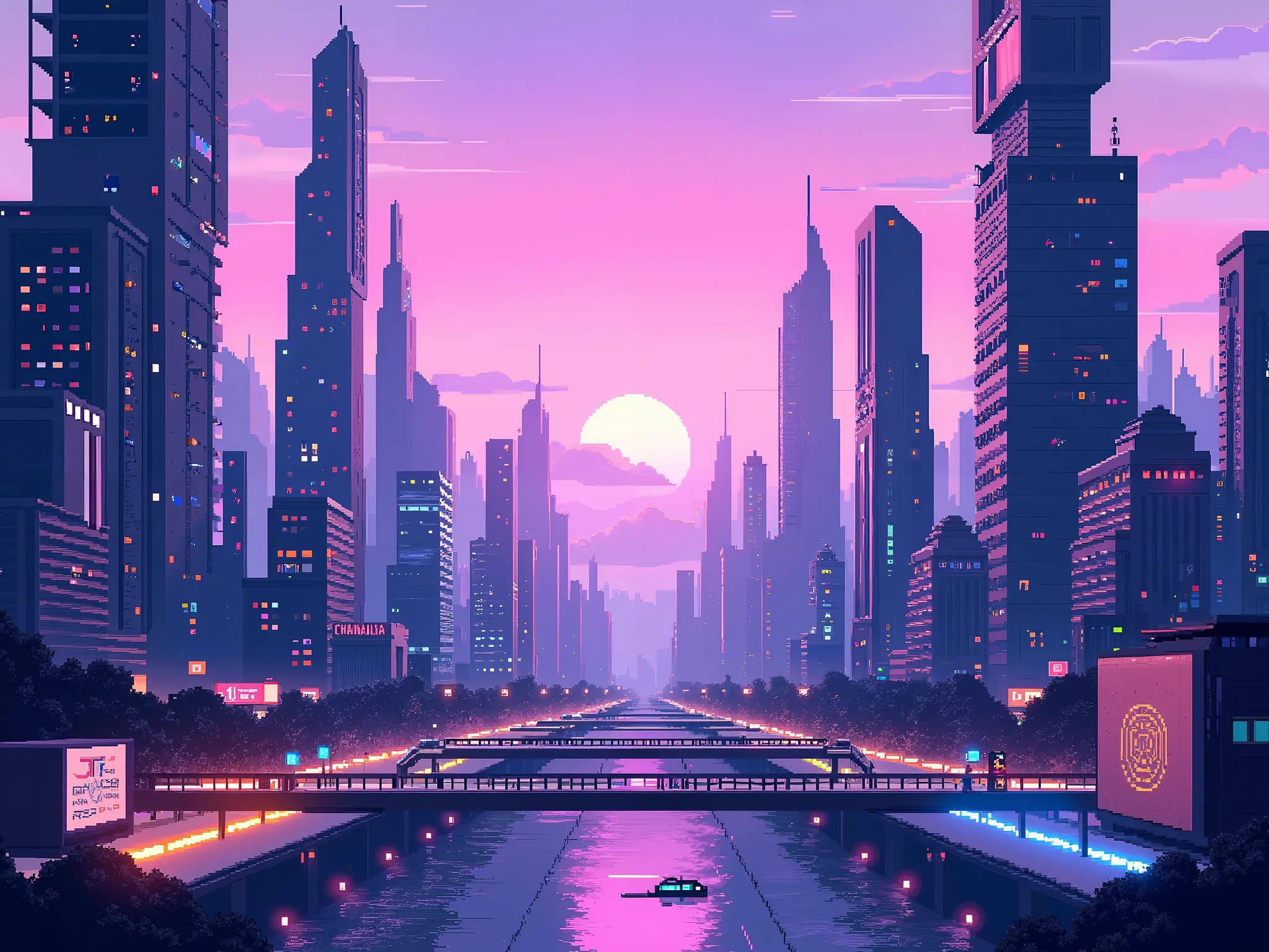 (pixel art), cityscape, futuristic town, modern city, gradien cityscape