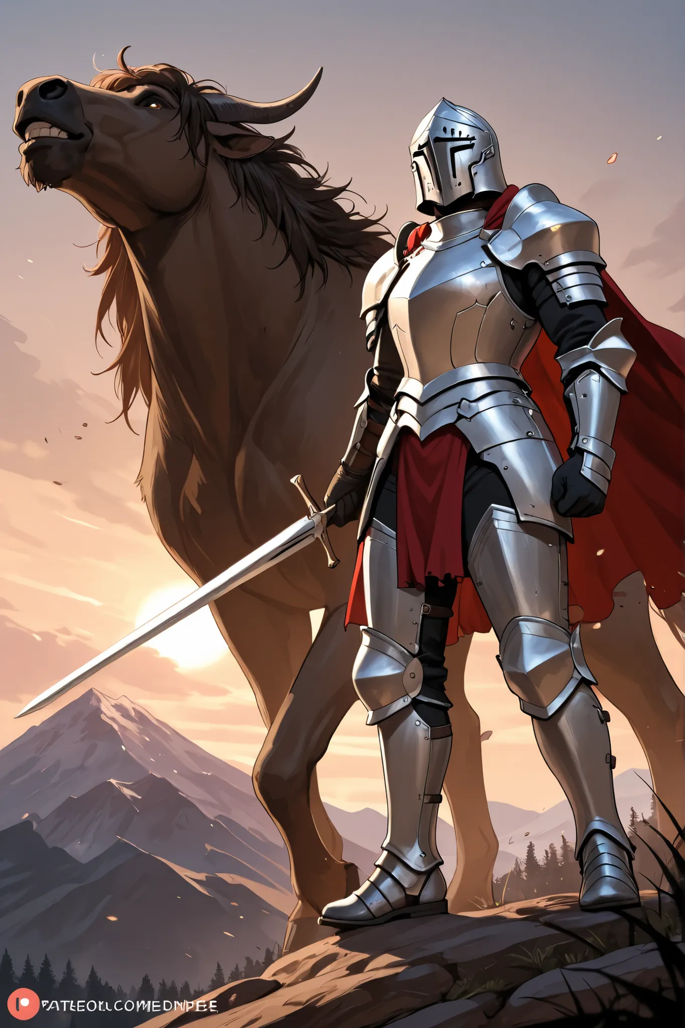 Sexy semi-armored warrior, being attacked on a mountain with trees in the background