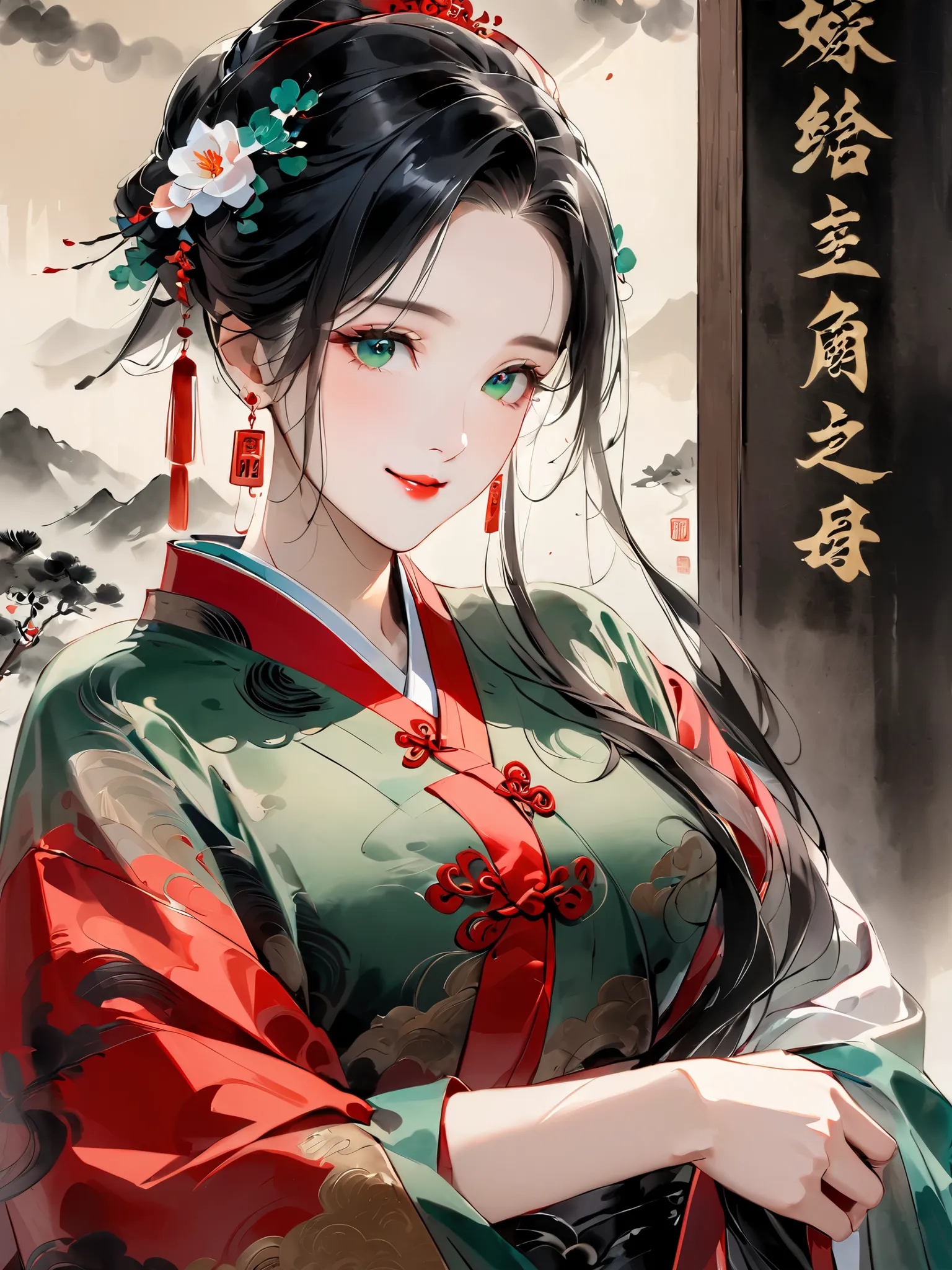 Solo, Traditional Chinese ink brush painting of a beautiful woman, 28 years old mature looking woman, long face, black hair, emerald green eyes, coloured images, masterpiece, best quality,  chinese traditional red marriage robe, standing in an ancient trad...