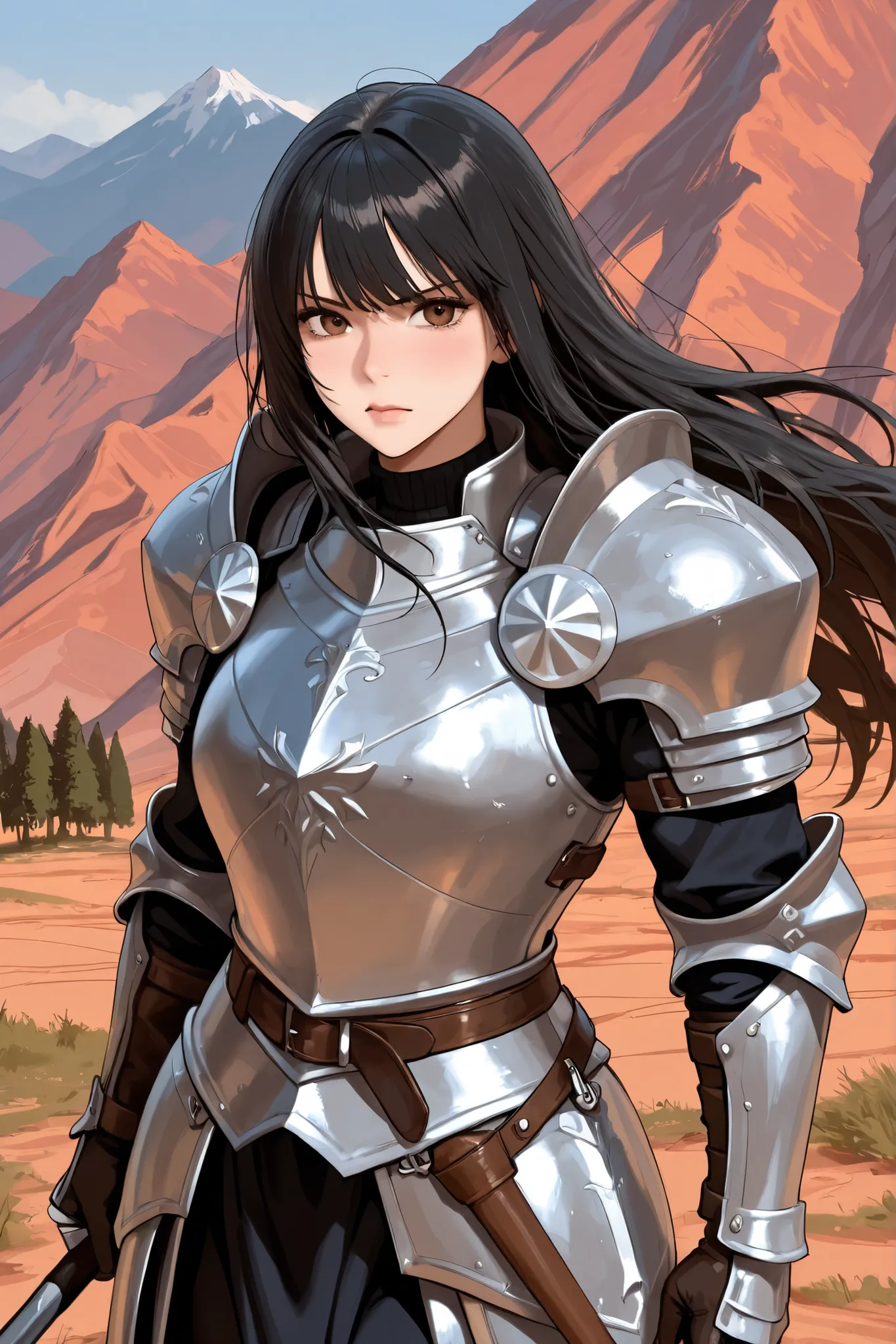 Sexy semi-armored warrior, long black hair, Brown eyes being attacked on a mountain with trees in the background