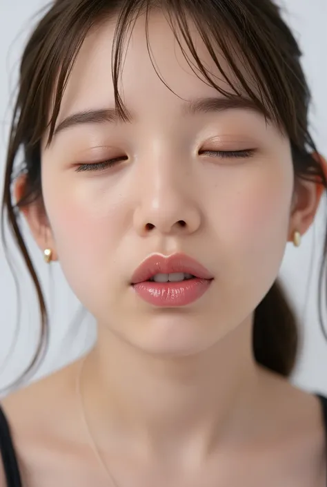 ultra-detailed close-up of a beautiful girl, collarbone-up composition, white studio background, soft natural lighting, slightly elevated camera angle (around 35 degrees), full face and head visible in frame, chin slightly raised, eyes gently closed, deepl...