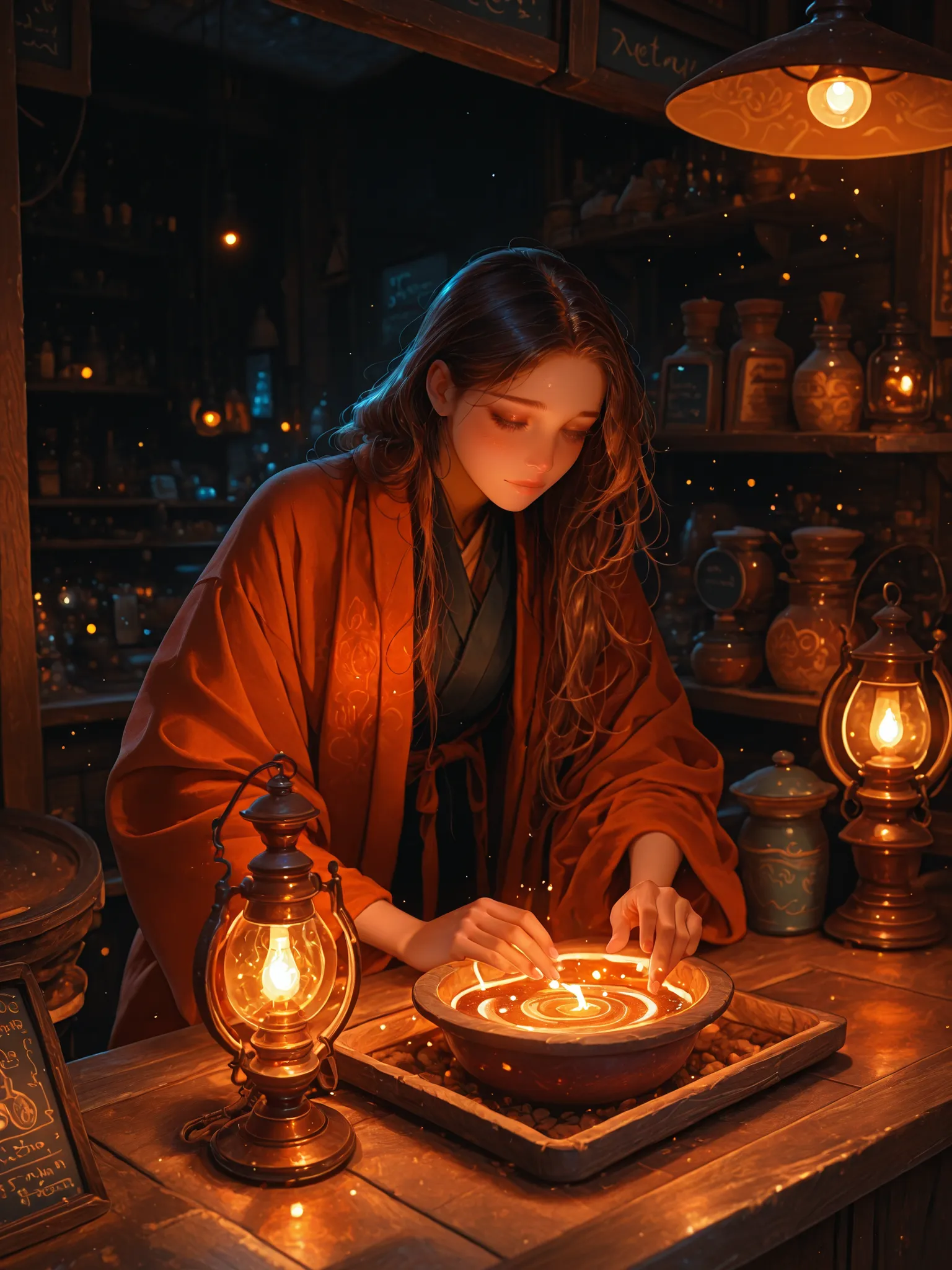 Small cozy shop at the end of the street. Late evening time. Selling potions and magical objects. A beautiful girl in a magic robe is a shop owner. She is behind the counter, greetings a lone customer. Lamp lights lighting. Small magical particles.