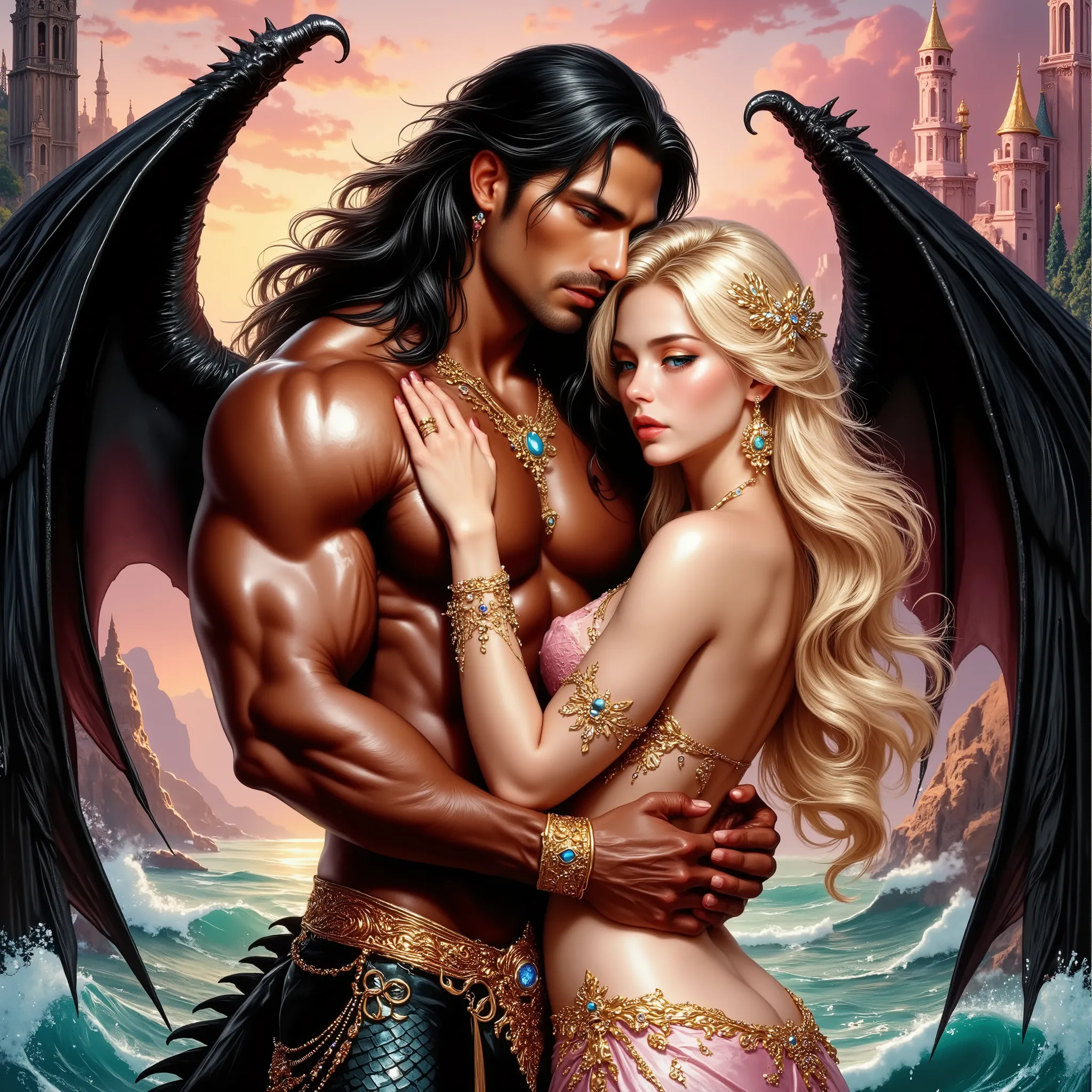 (((EXTREMELY DETAILED ULTRA-REALISTIC FOREGROUND 3D RENDER: 1.4))) digital art fantasy beautifully fabulously mother-of-pearl, beautiful muscular 35-year-old brutal Italian black-haired man A moose with black dragon wings hugs a beautiful Russian blonde gi...
