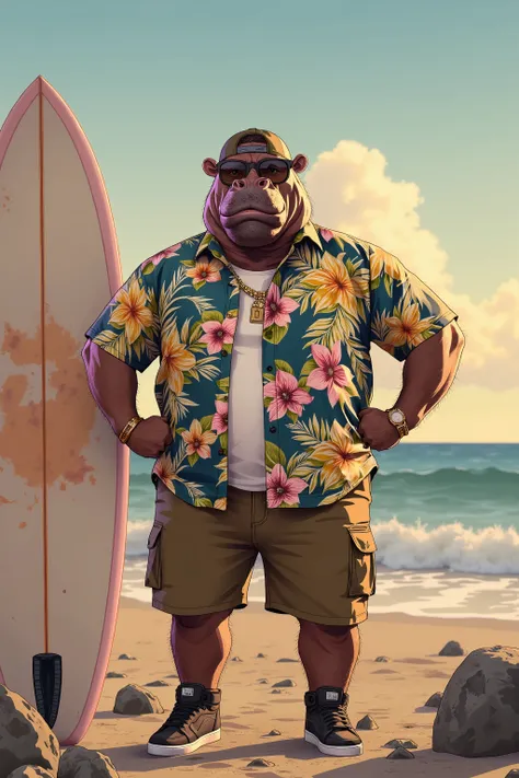photorealistic portrait of Dressed animals - a ((fat)) (hippo) professional wrestler, (art by Brian Froud),(standing next to a surfboard), high quality,(plus size body:1.5) ,intricate details, highly detailed ((resort fashion)) ,(wearing sunglasses:2.0), (...