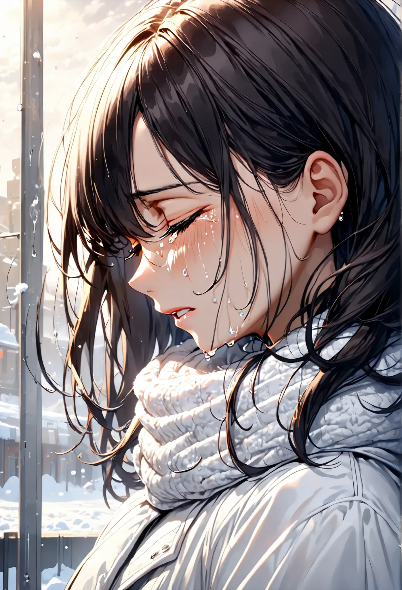 Profile of a beautiful dark-haired woman in white winter clothes , ((Close your eyes, look to the right, and there's nowhere to stop, big tears overflow and I can't stop , Amount of tears:1.4)) ,  Sad Goodbye to Someone She Loves 