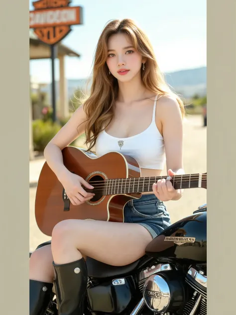 } She is a mid-height, tight, round white crop top, Her hair is wavy brown. She has a slim body and, 4 p.m.~and a high-resolution focus on her and her guitar. The light from the front shines on her and there is no backlight., no strong shadows. She is a ti...