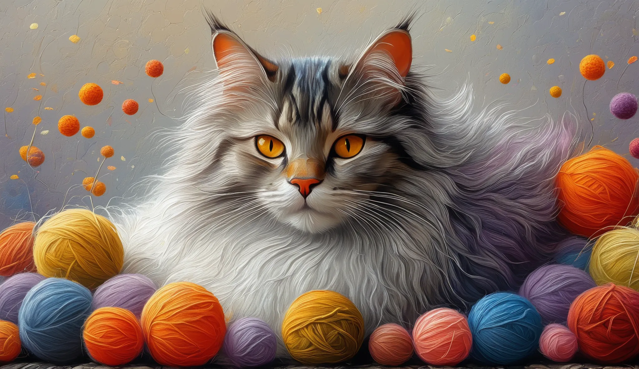 A serene and contented cat is lying on an array of vibrantly colored balls of wool, composing a visually striking scene. O gato, with your eyes closed in a peaceful sleep, has a coat soft white accented with specks of shades of gray and brown, notably aro...