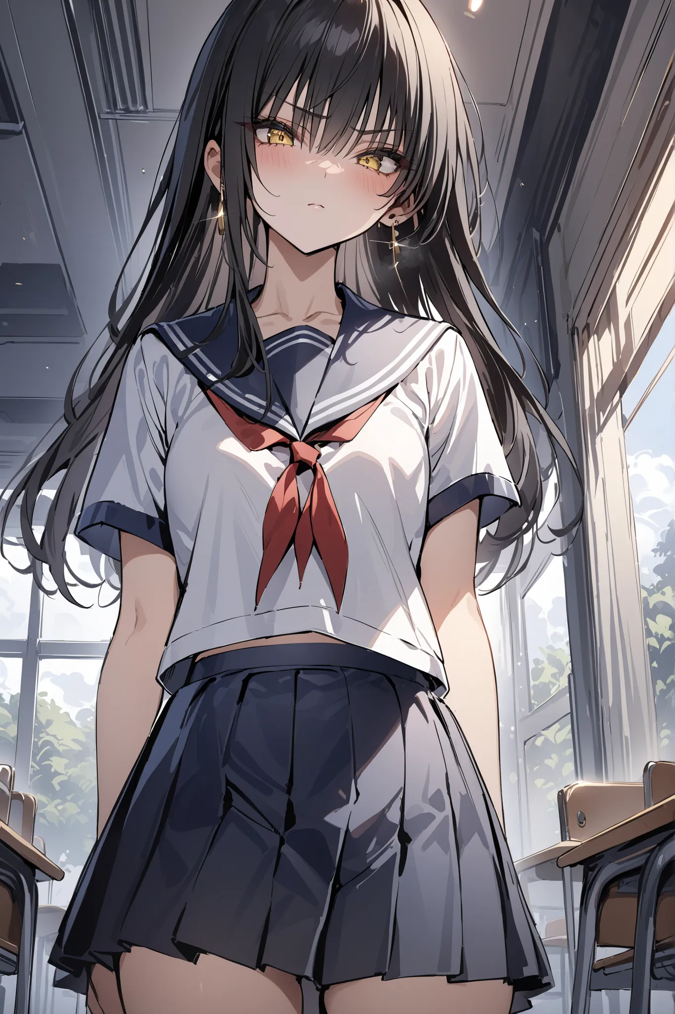 ((masterpiece,Highest Quality:1.2)),(soro),Slender, slender high school girl standing in the classroom,cowboy shot,black long hair,Perfect yellow eyes, tree eyes ,squint,serious expressionless,white-based short-sleeved sailor suit,Red Ribbon,Navy Blue Plea...