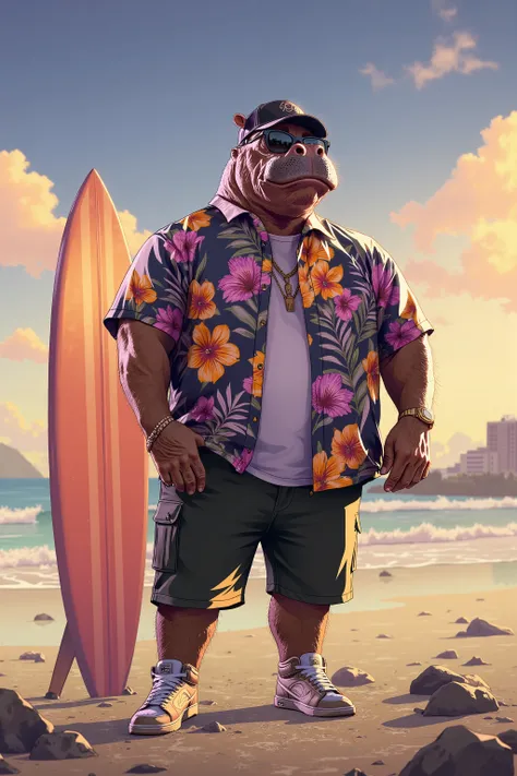 photorealistic portrait of Dressed animals - a ((fat)) (hippo) professional wrestler, (art by Brian Froud),(standing next to a surfboard), high quality,(plus size body:1.5) ,intricate details, highly detailed ((resort fashion)) ,(wearing sunglasses:2.0), (...