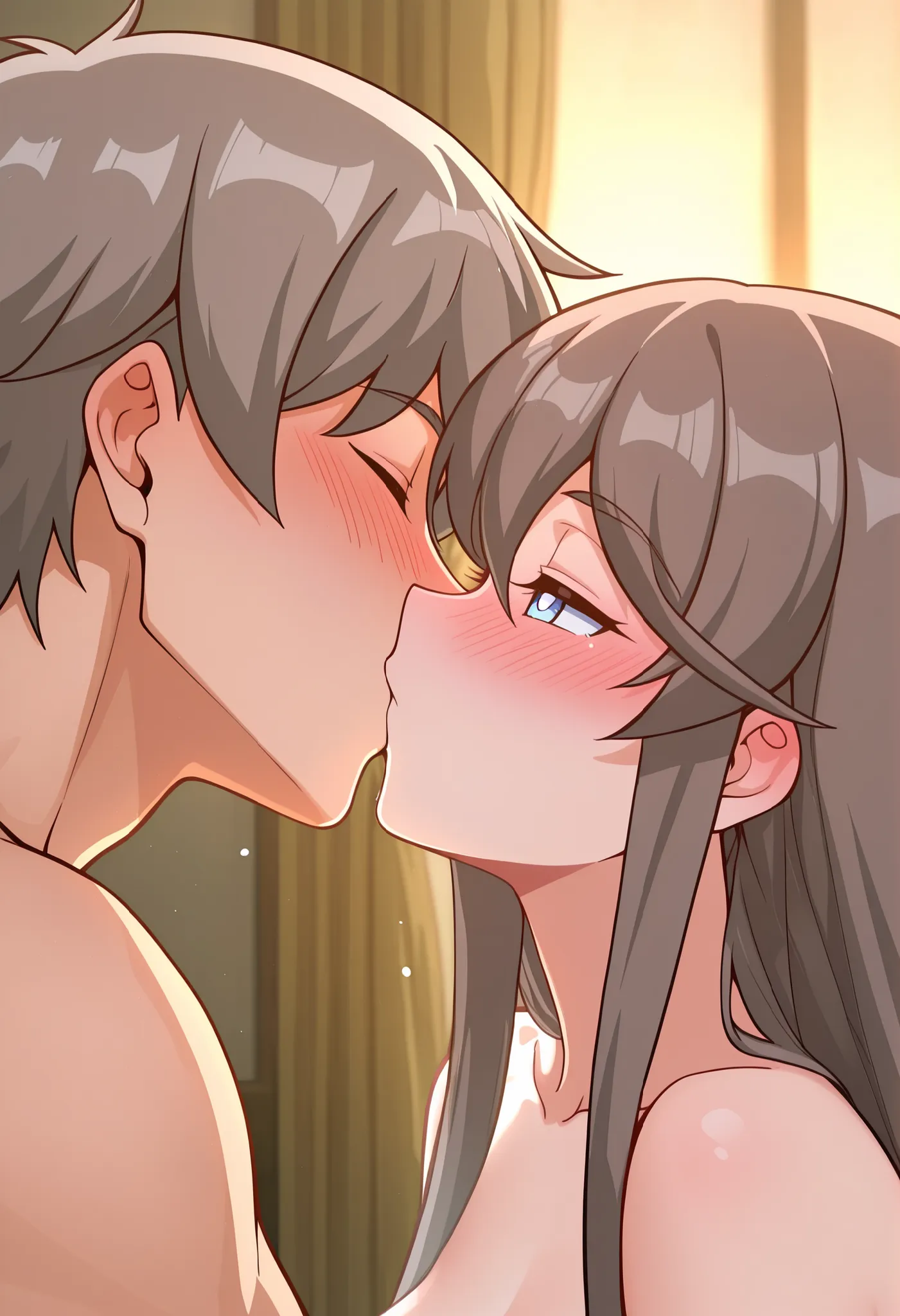 BREAK masterpiece, best quality), amazing quality, absurdres, highres, newest, HDR, 8K, 1girl, tilly_wimbledon, grey hair, long hair, blue eyes, nude, surprise kiss, orgasm, kissing each other, hetero, blush, happy, 1boy, half closed eyes, implied kiss